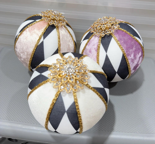 3 Large Ornaments Jeweked~ Black White Harlequin