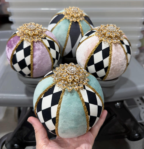 4 Ornaments Jeweled~ Black White Harlequin