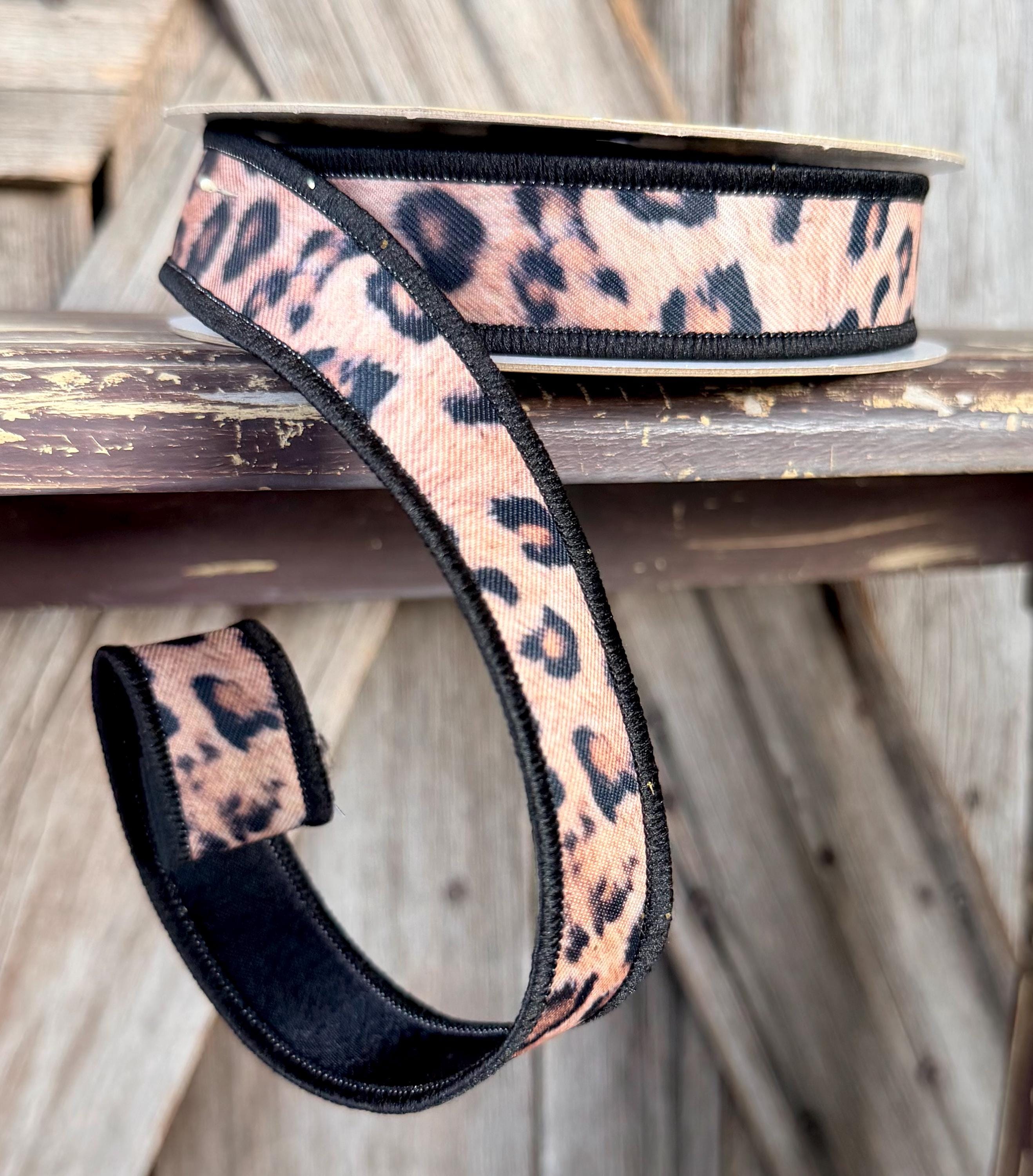 Leopard Print with Black Back Deluxe Wired Ribbon 7/8 Inch