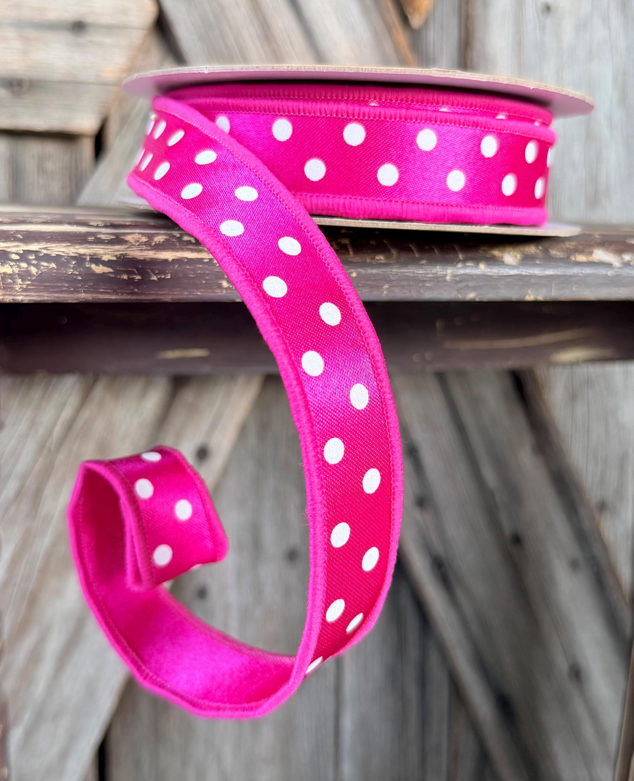 Hot Pink White Polka Dot Deluxe Wired Ribbon 7/8 Inch