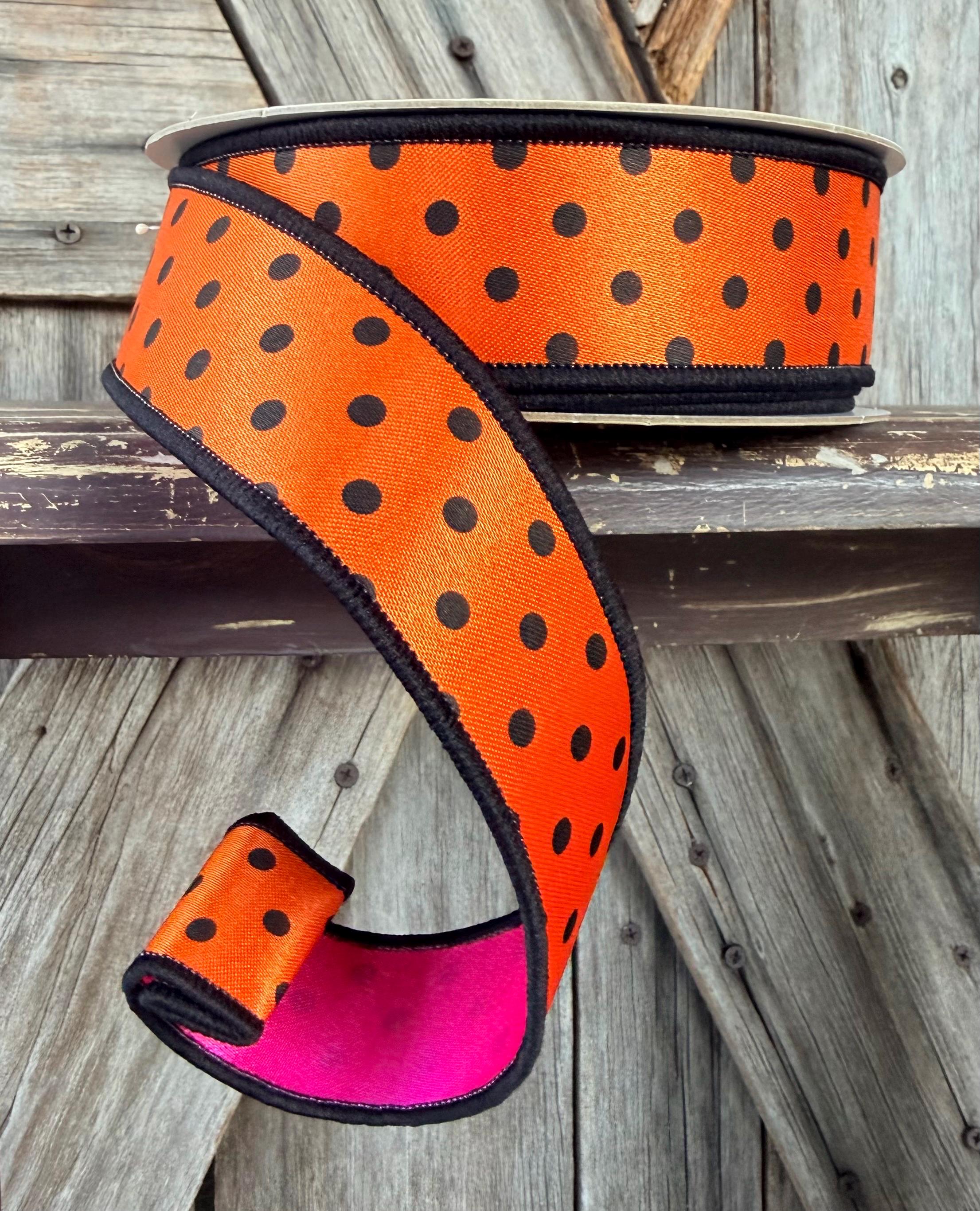 Orange Black Polka Dot with Hot Pink Back Deluxe Wired Ribbon 1.5 Inch