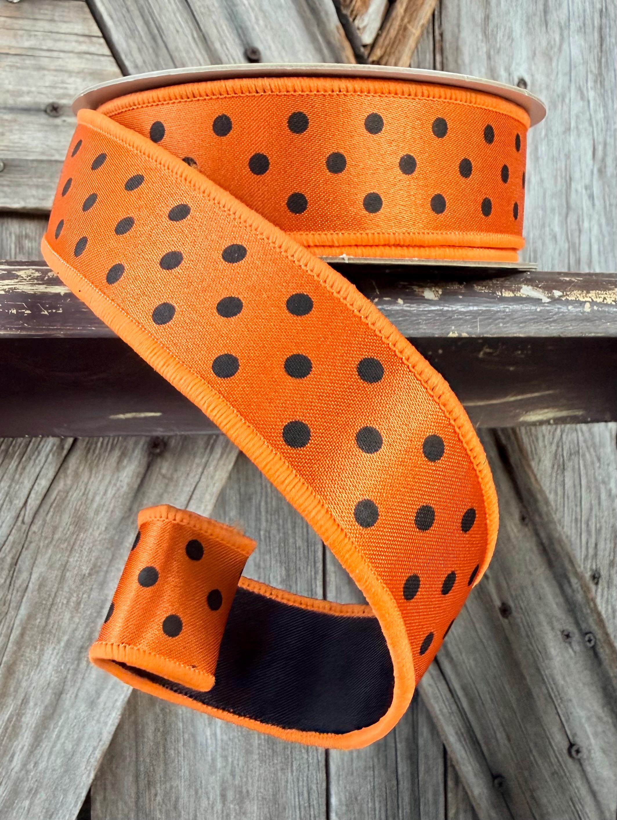 Orange Black Polka Dot with Black Back Deluxe Wired Ribbon 1.5 Inch