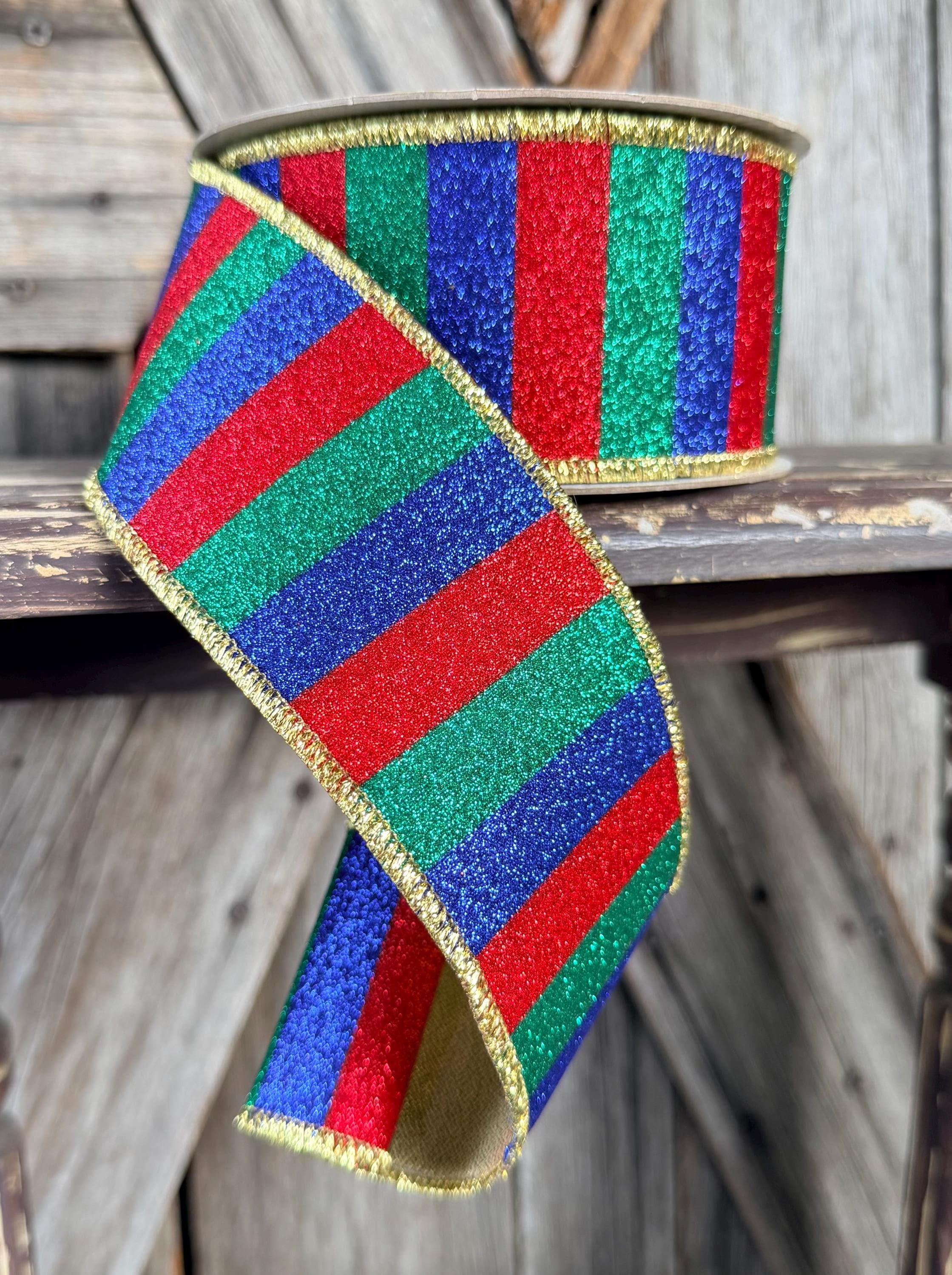 Red Emerald Blue Stripe Wired Ribbon 2.5 Inch