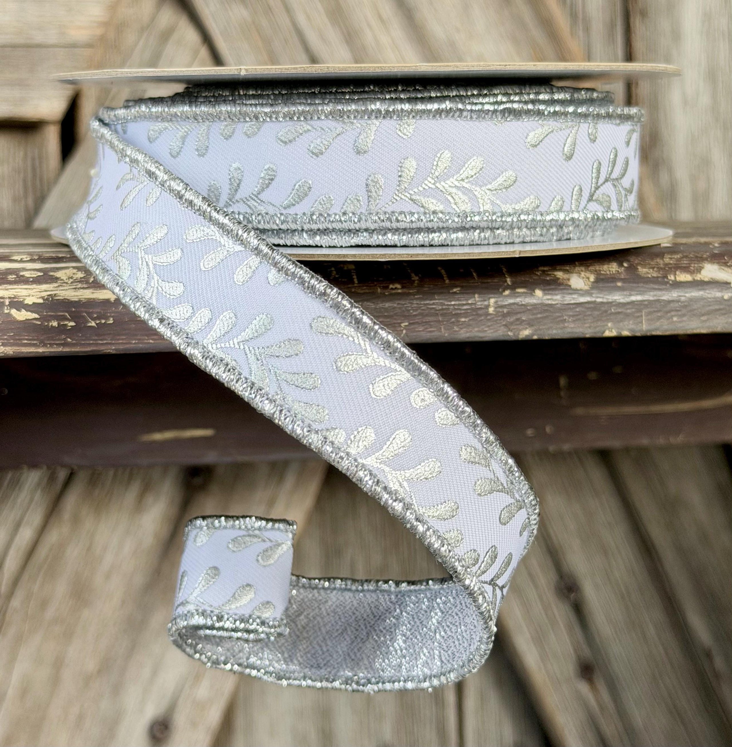 White with Silver Vine Deluxe Wired Ribbon 7/8 Inch