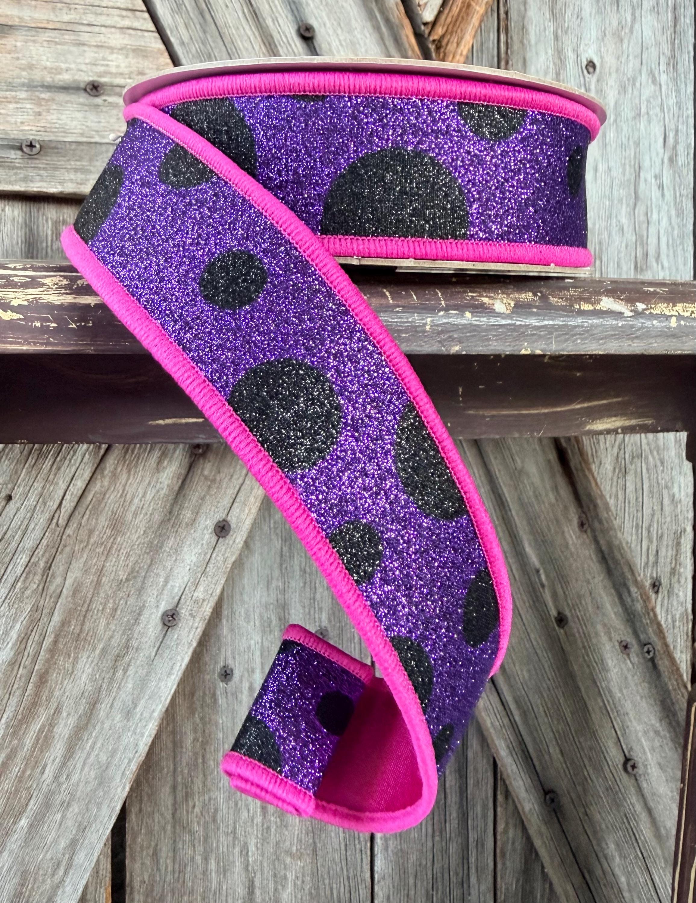 Black Purple Hot Pink Polka Dot Deluxe Wired Ribbon 1.5 Inch