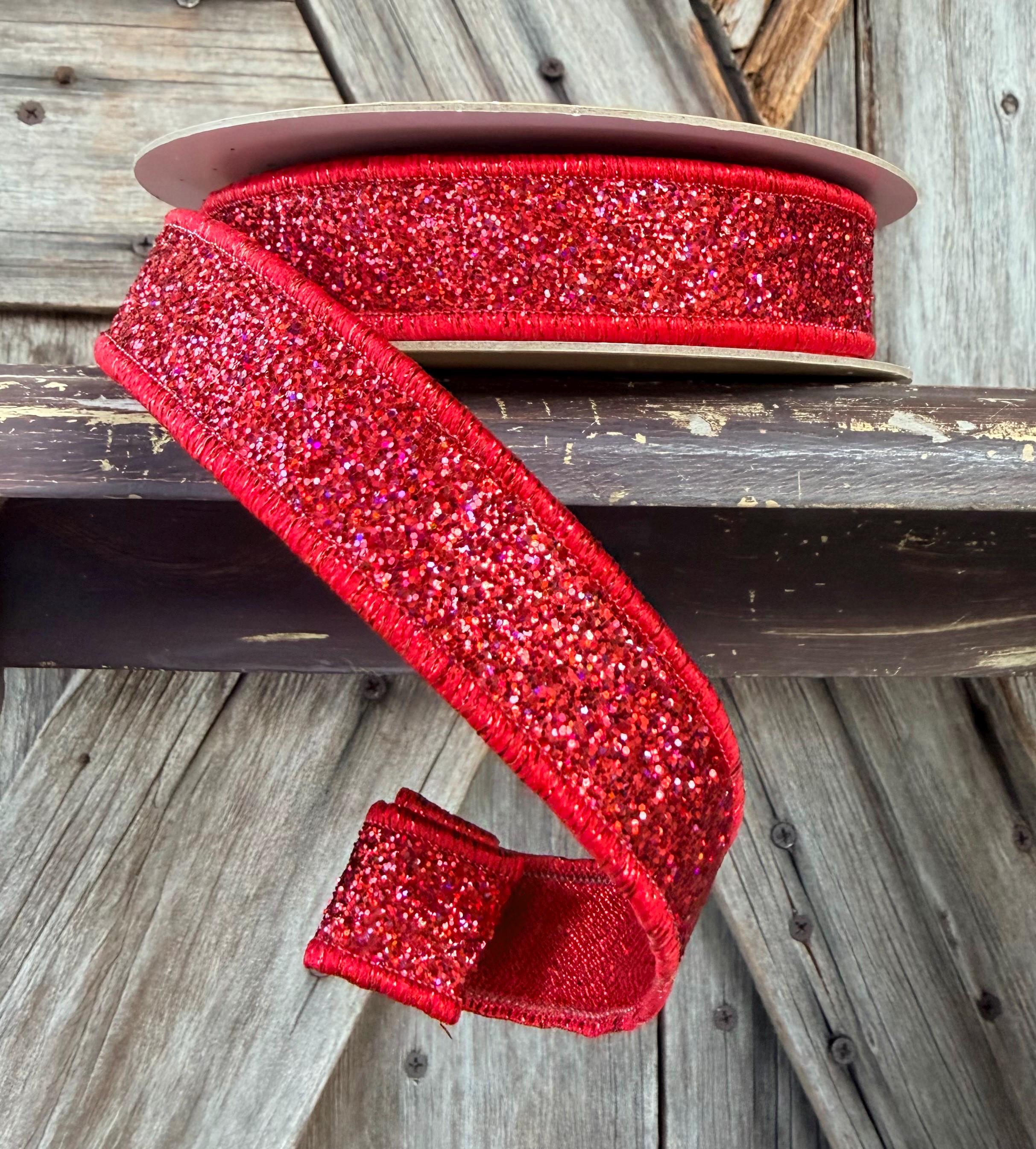 Red Glitteted Deluxe Wired Ribbon 7/8 Inch