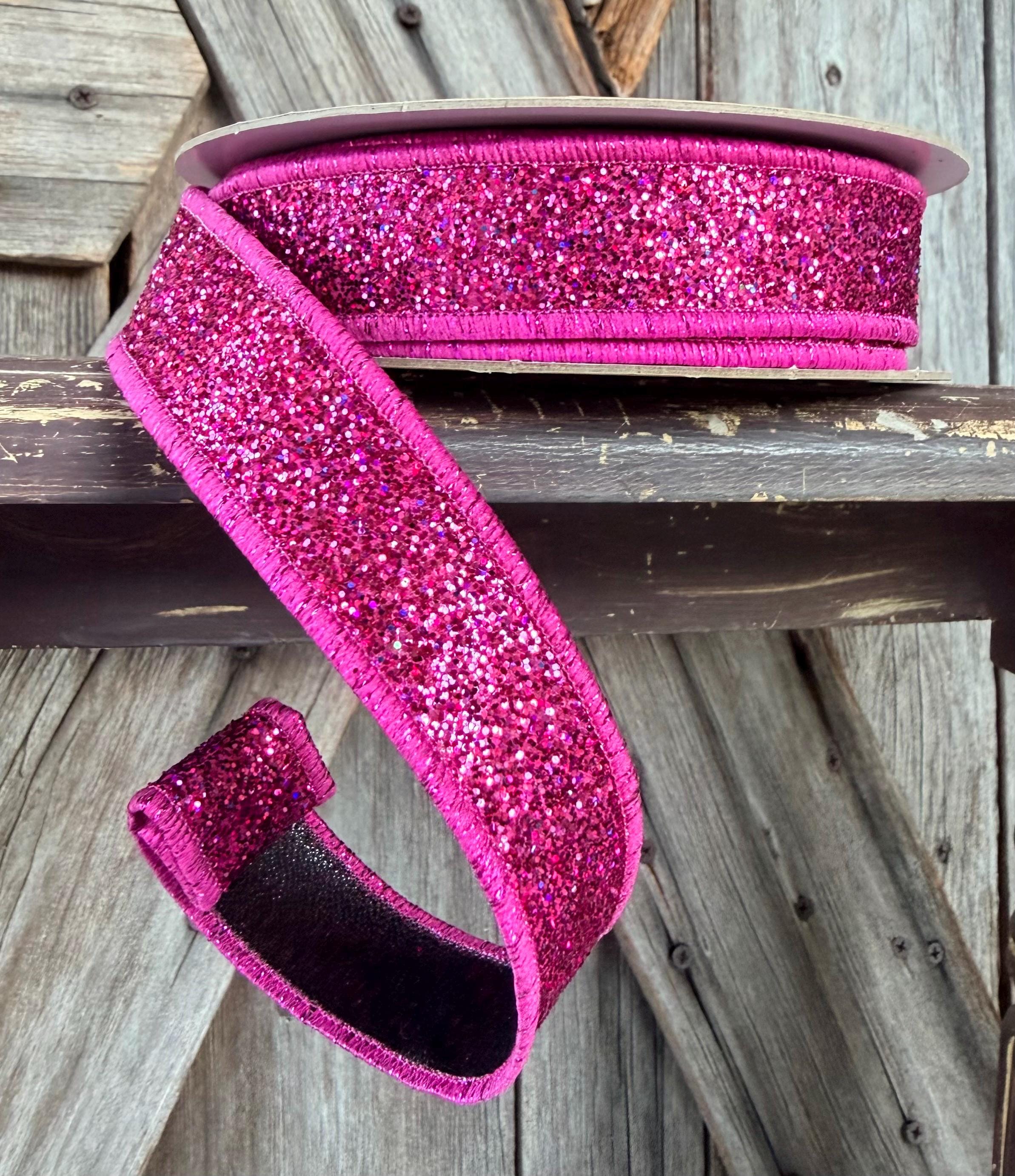 Hot Pink with Black Back Glitteted Deluxe Wired Ribbon 7/8 Inch