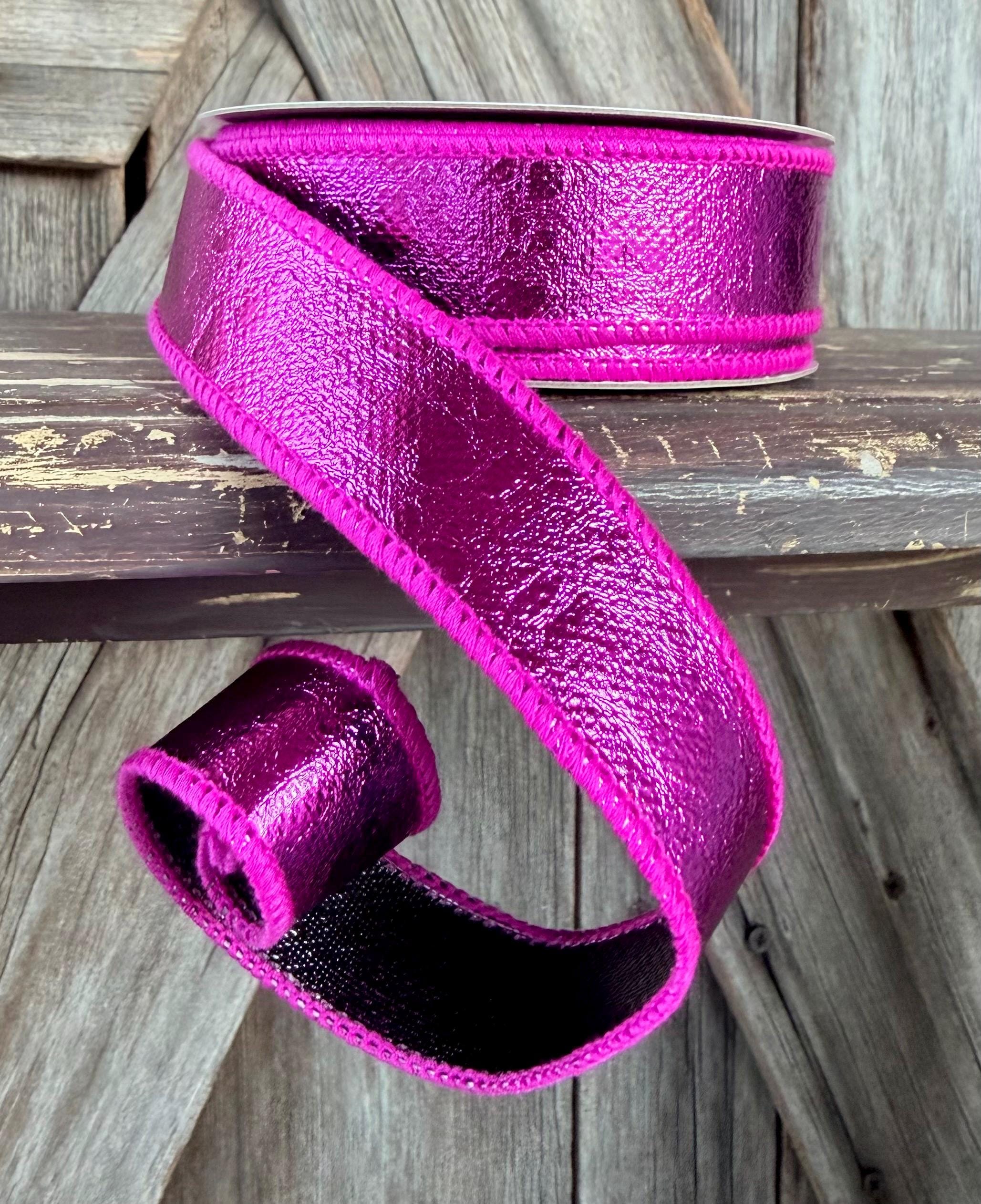 Shiny Fushia Black Deluxe Wired Ribbon 1 Inch