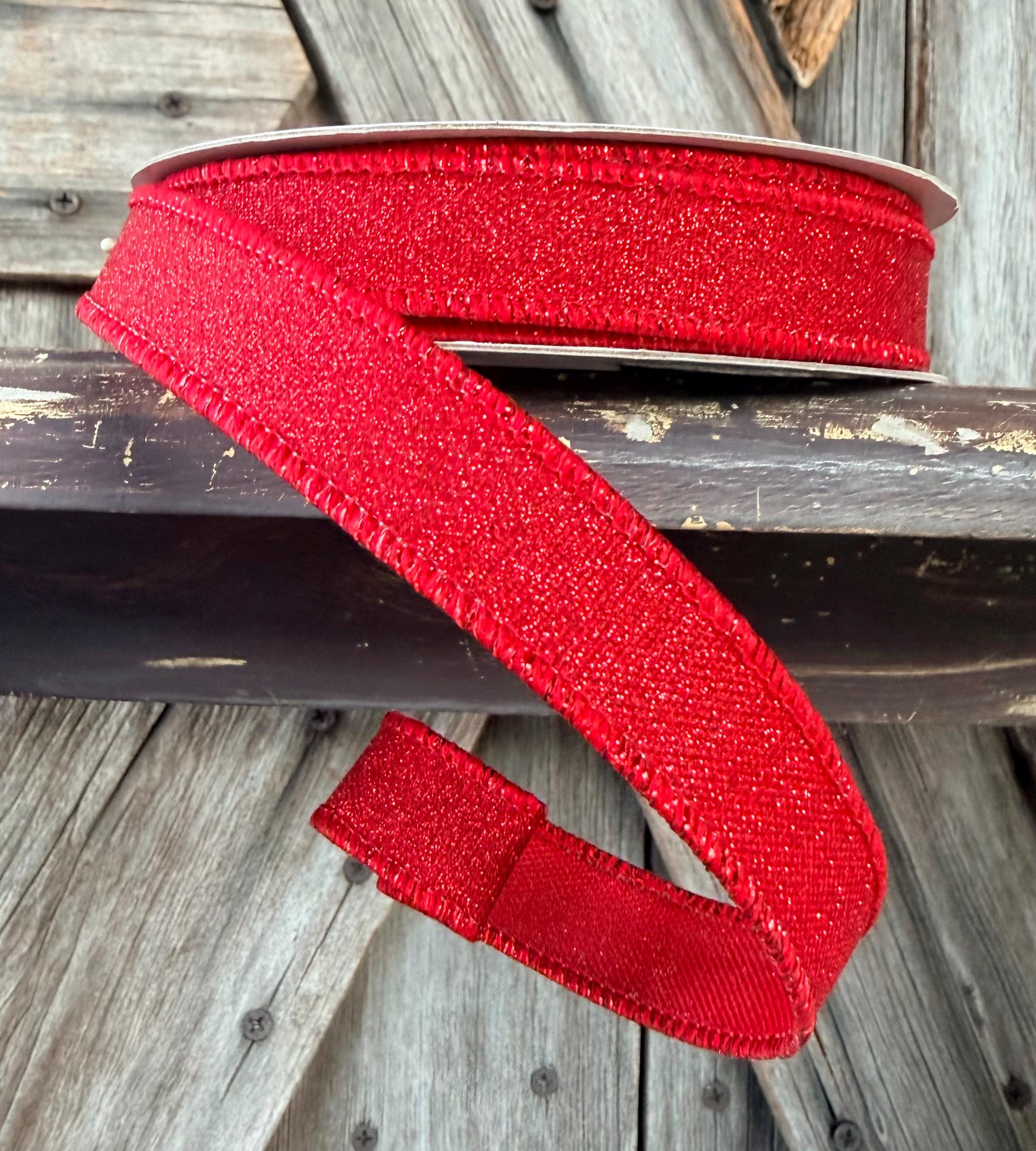Red Fine Glitter Wired Ribbon 5/8 Inch