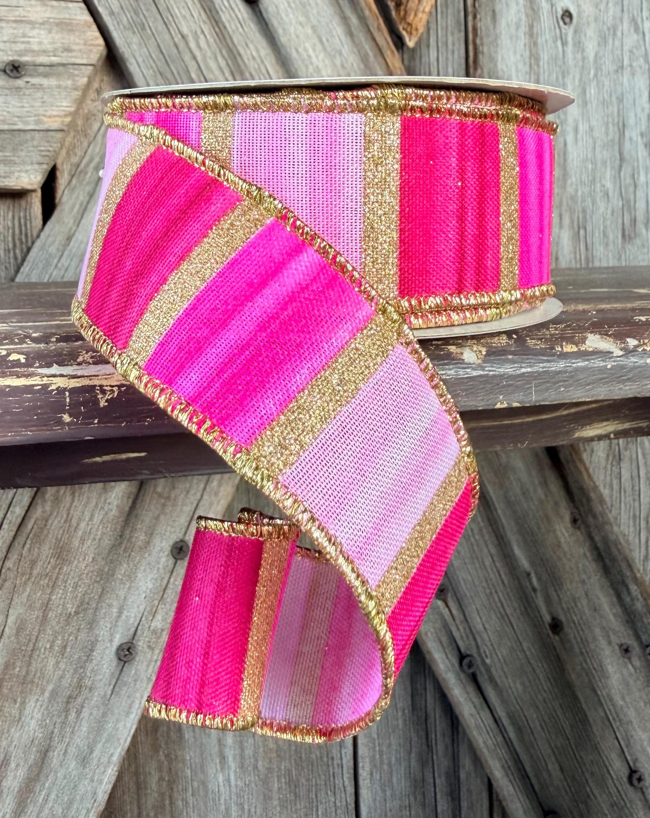 Pink Fushia White Gold Stripe Wired Ribbon 1.5 Inch