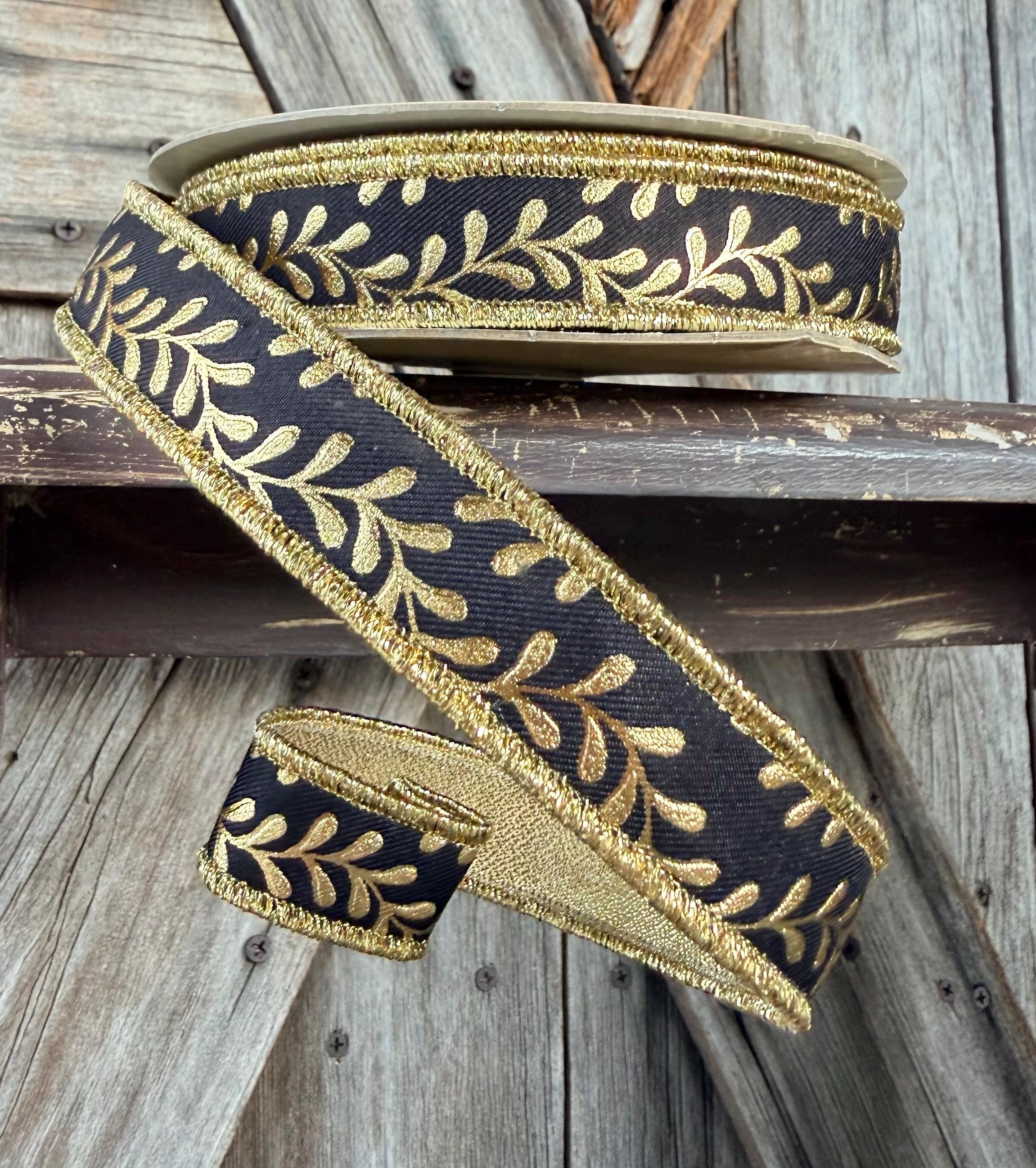 Black and Gold Vine Deluxe Wired Ribbon 7/8 Inch