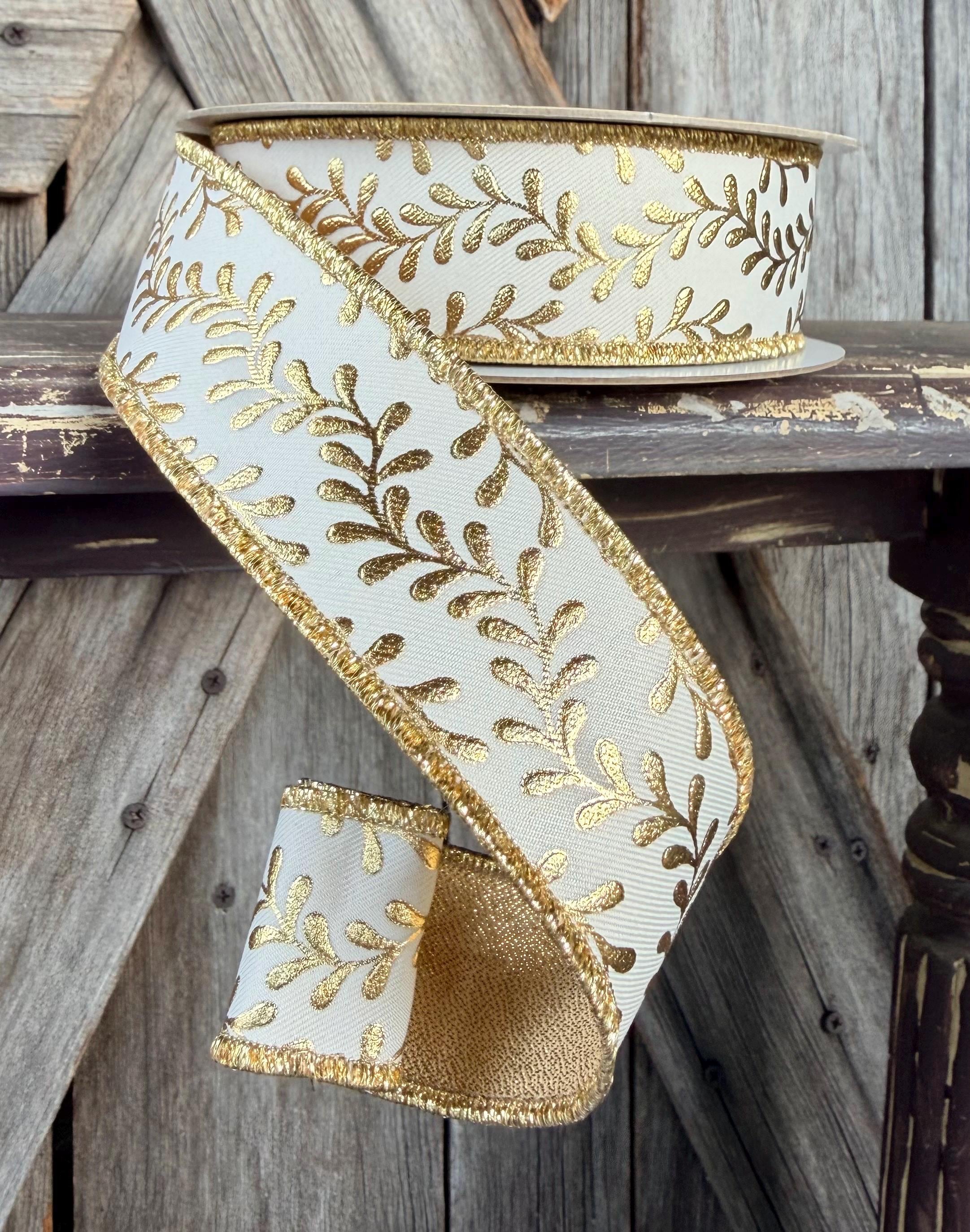 Ivory and Gold Vine Deluxe Wired Ribbon 1.5 Inch
