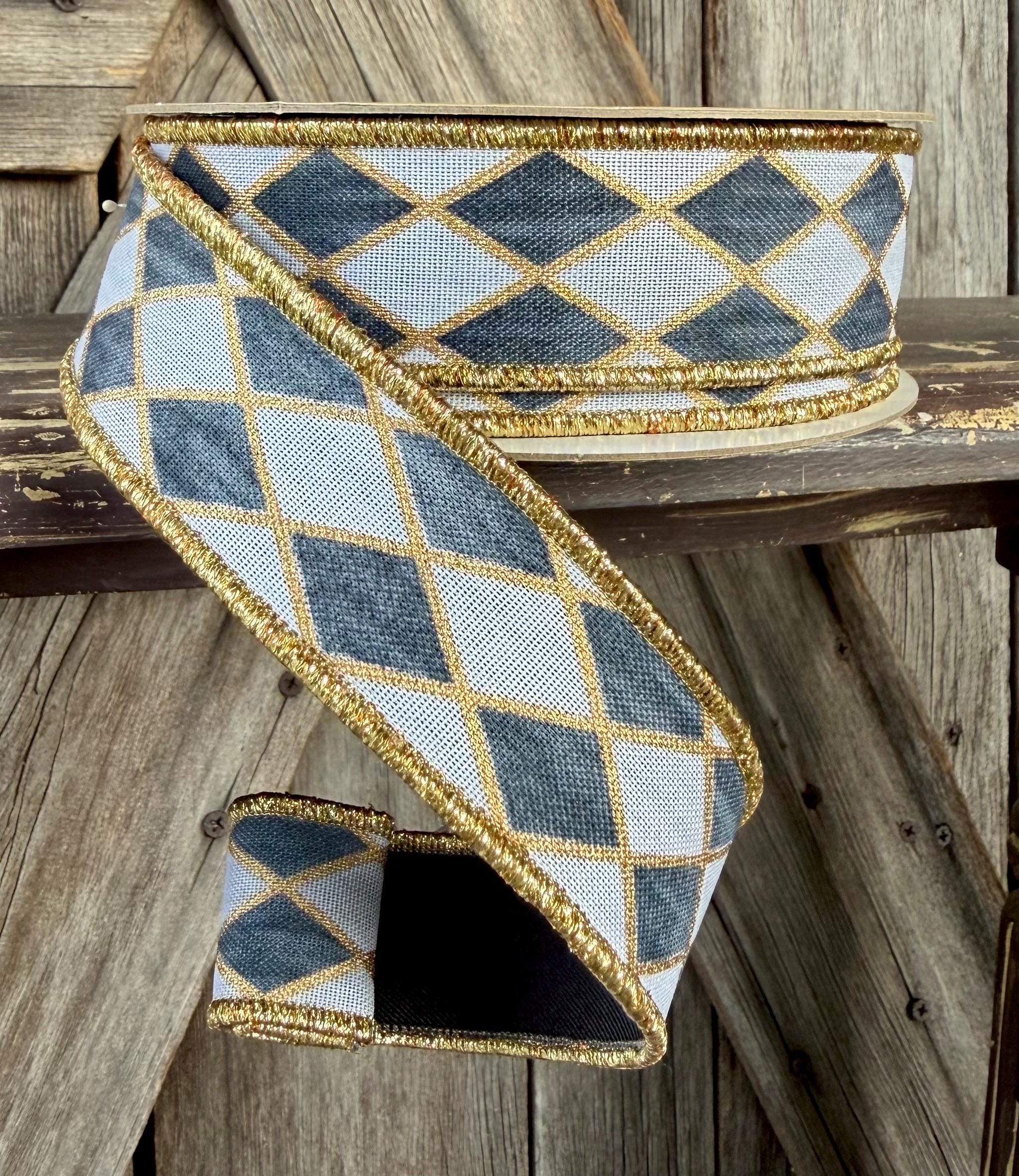 White Gold Grey Harlequin Deluxe Wired Ribbon 1.5 Inch