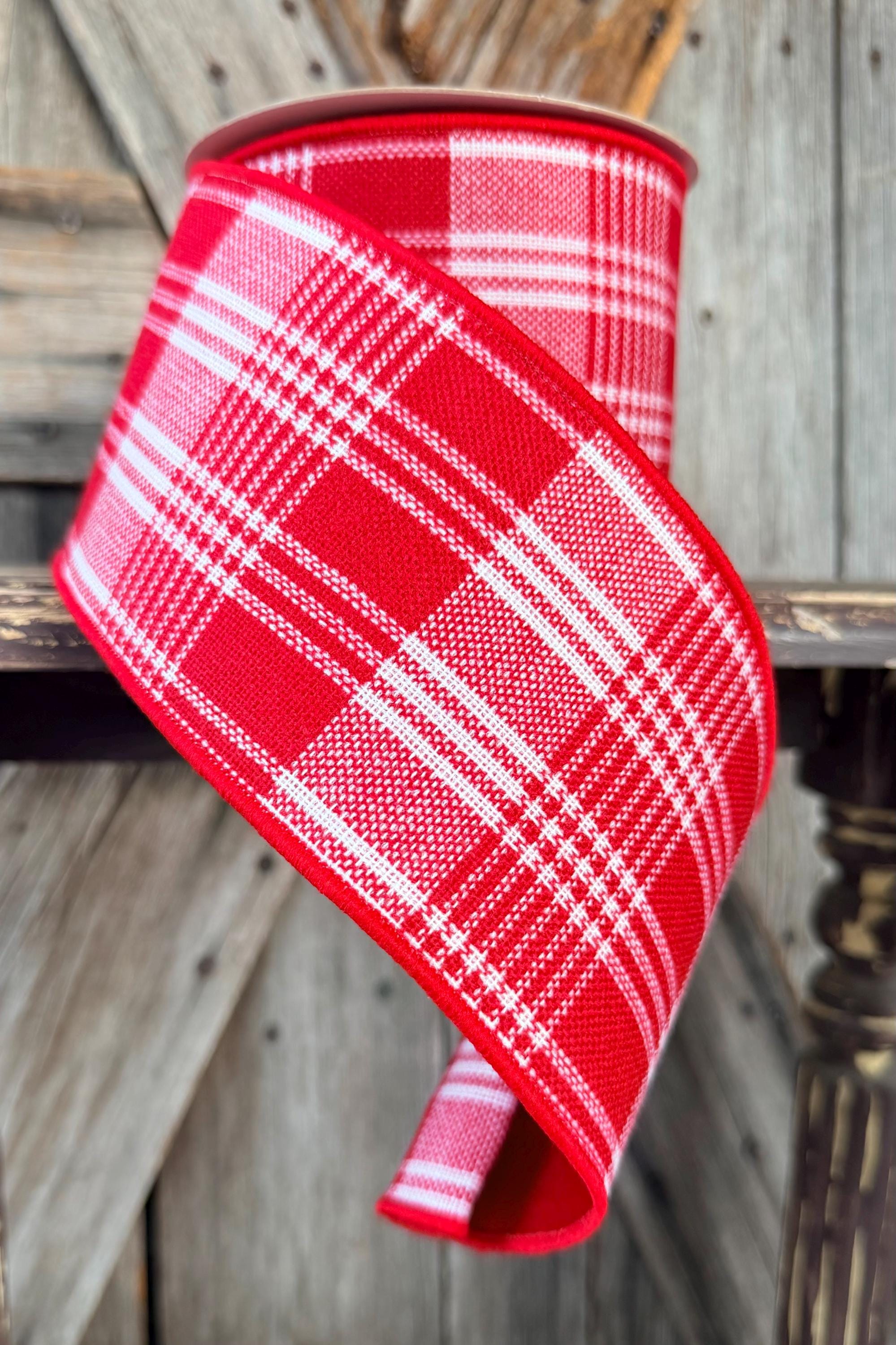 Red White Plaid Deluxe Wired Ribbon 4 Inch