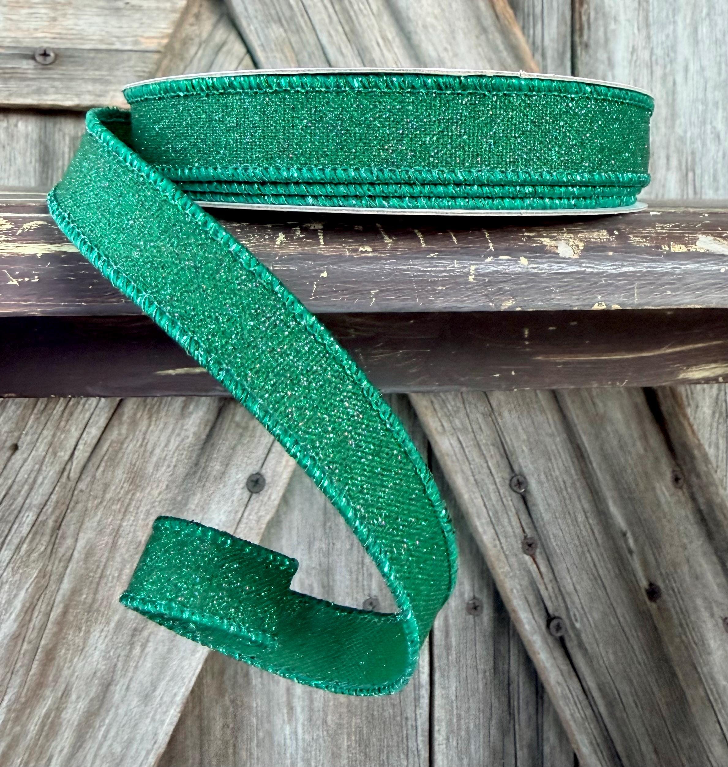 Emerald Green Fine Glitter Wired Ribbon 5/8 Inch