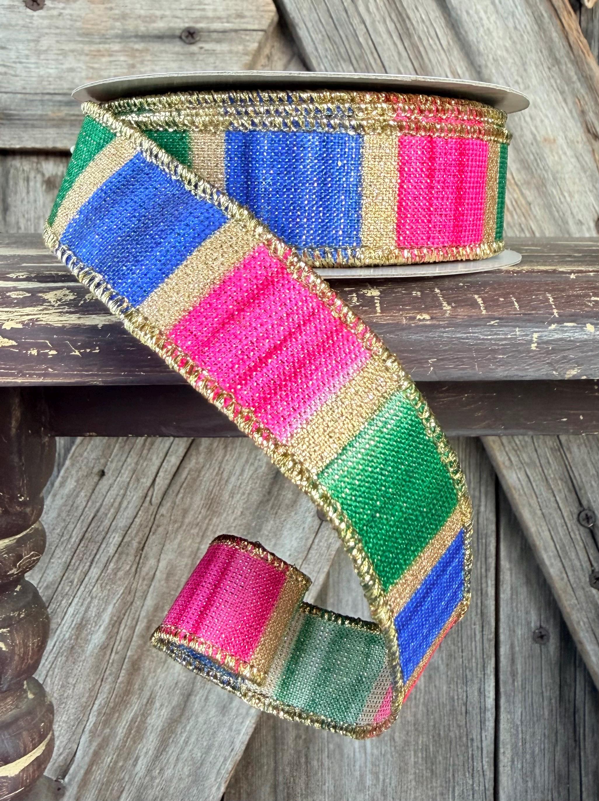 Fushia Blue Emerald Gold Stripe Wired Ribbon 7/8 Inch
