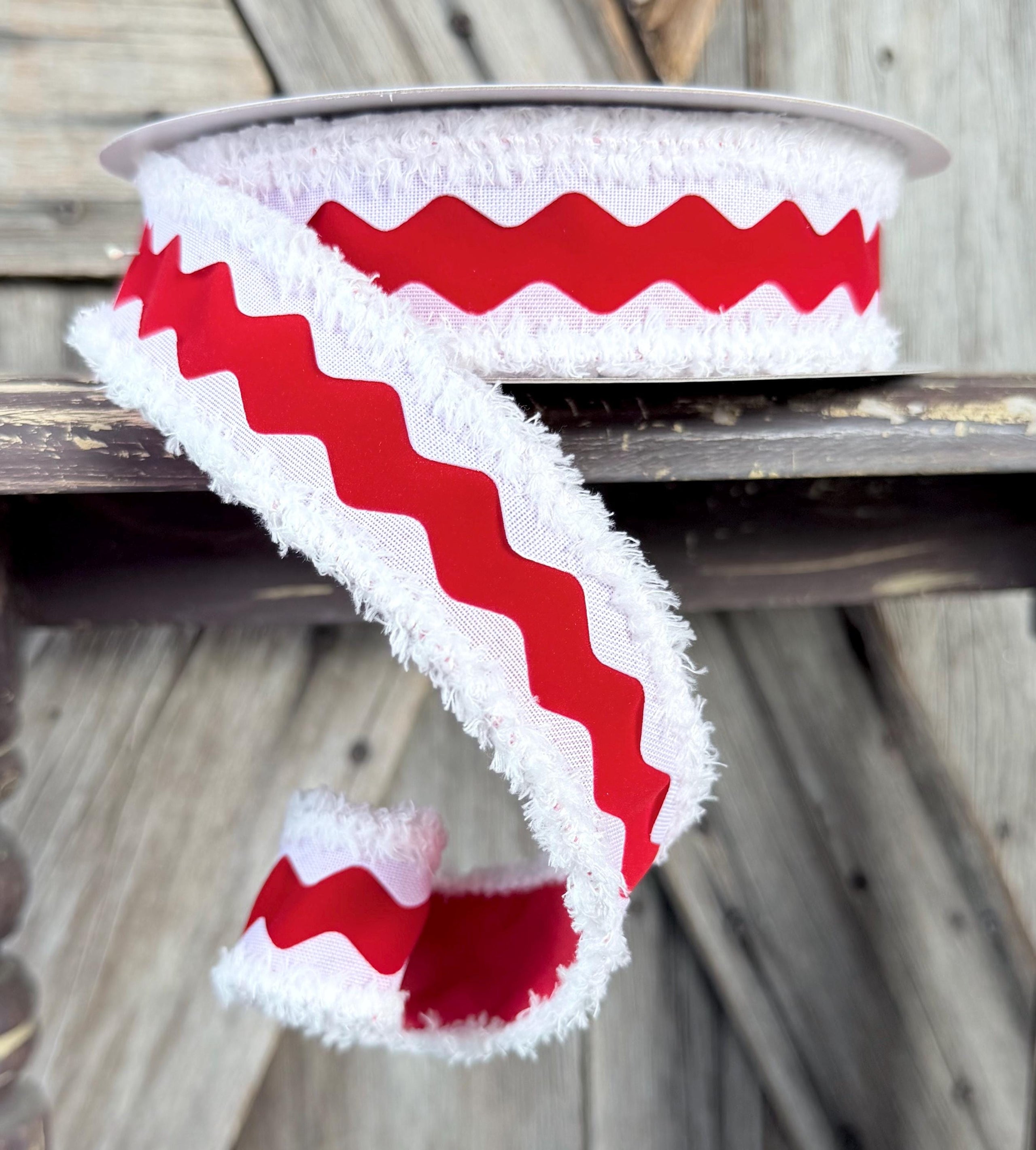 Red White Ric Rac Deluxe Wired Ribbon 1.5 Inch
