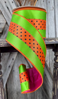 Orange Pink Green Polka Dot Deluxe Wired Ribbon 4 Inch