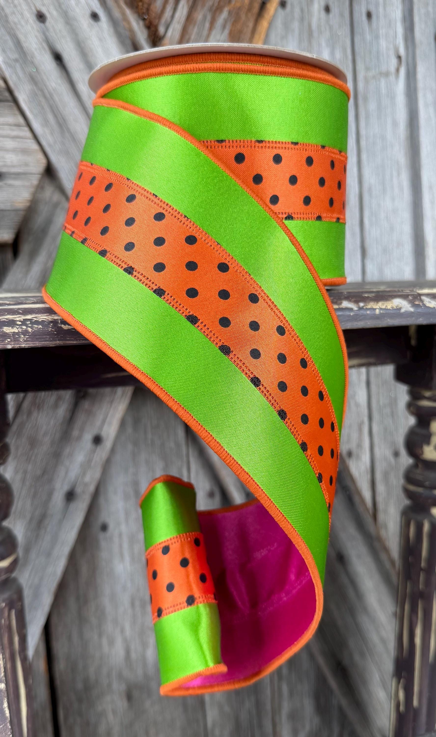 Orange Pink Green Polka Dot Deluxe Wired Ribbon 4 Inch