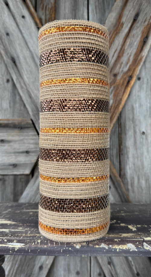 10 Yards, Copper Metallic Burlap Stripe Fine Weave Mesh