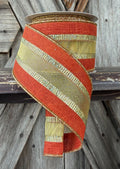 Autumn Orange Laser Gold Stripe Wired Ribon, 2.5 Inch