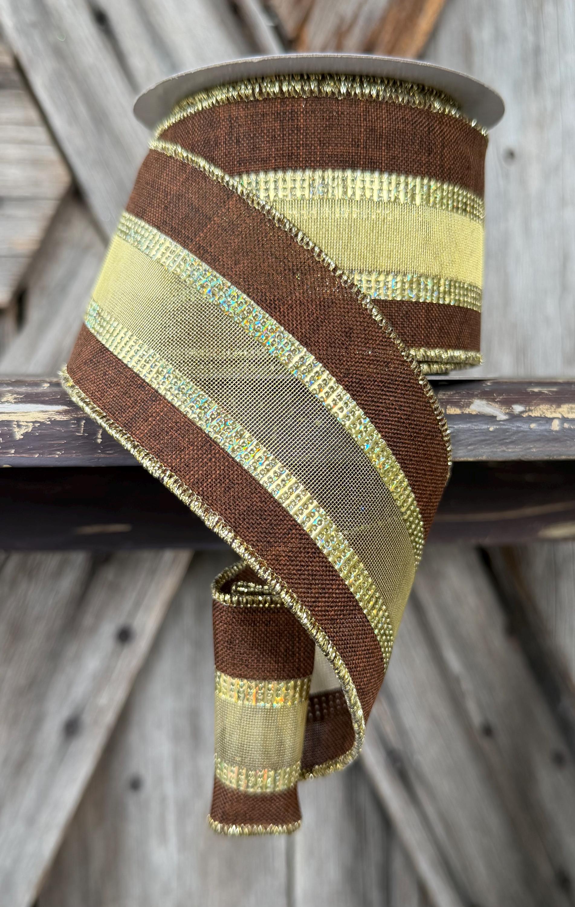Brown Laser Gold Stripe Wired Ribon, 2.5 Inch