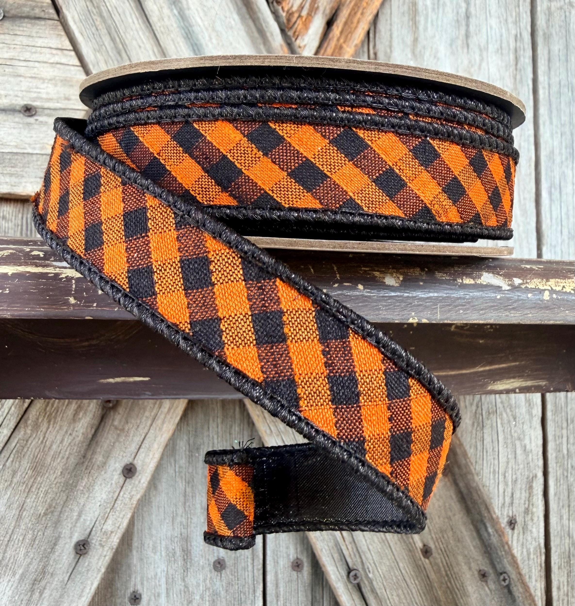 Halloween Orange Black Check D Stevens Wired Ribbon 1 Inch