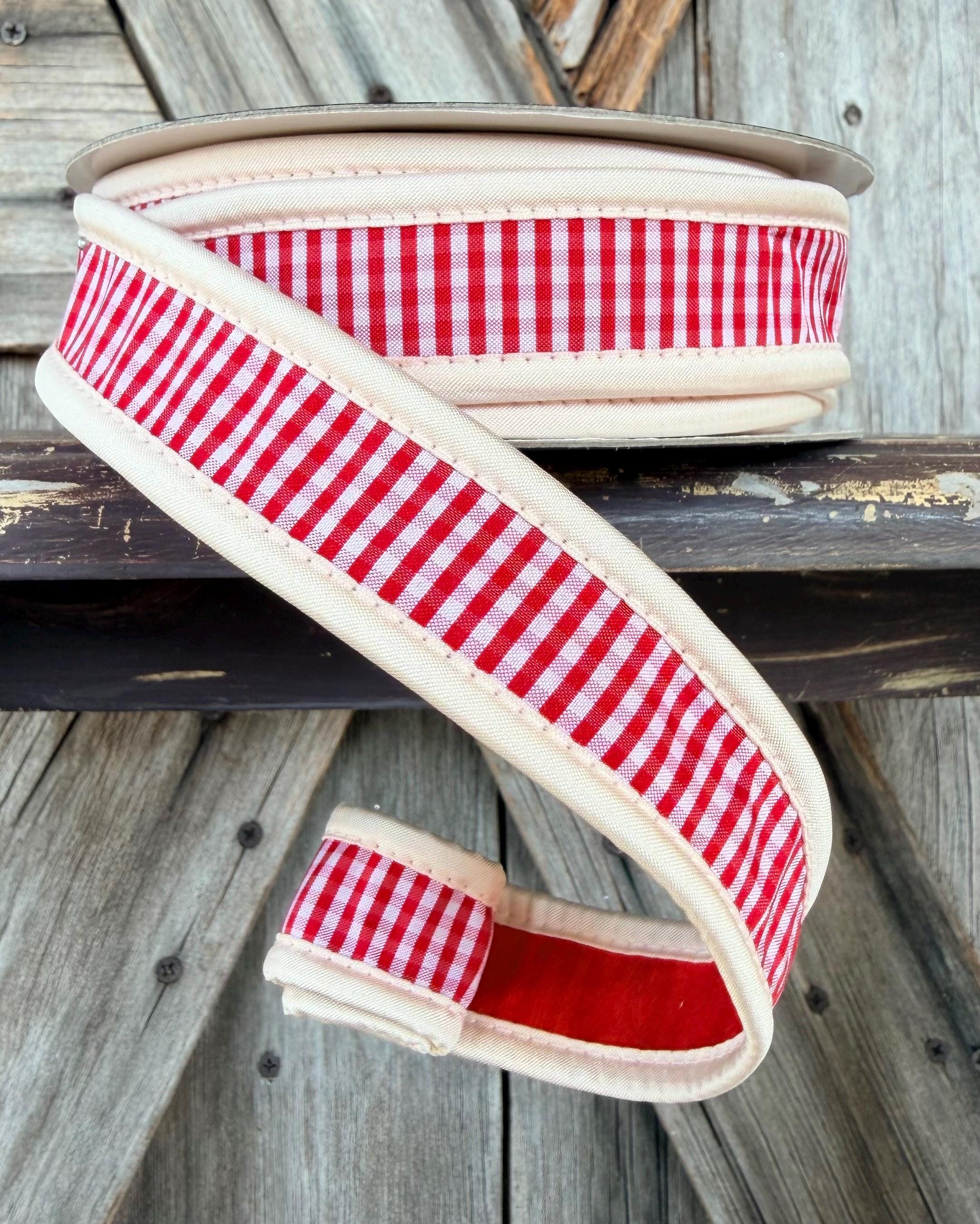 Red Ivory Check John Mark Wired Ribbon 1 Inch