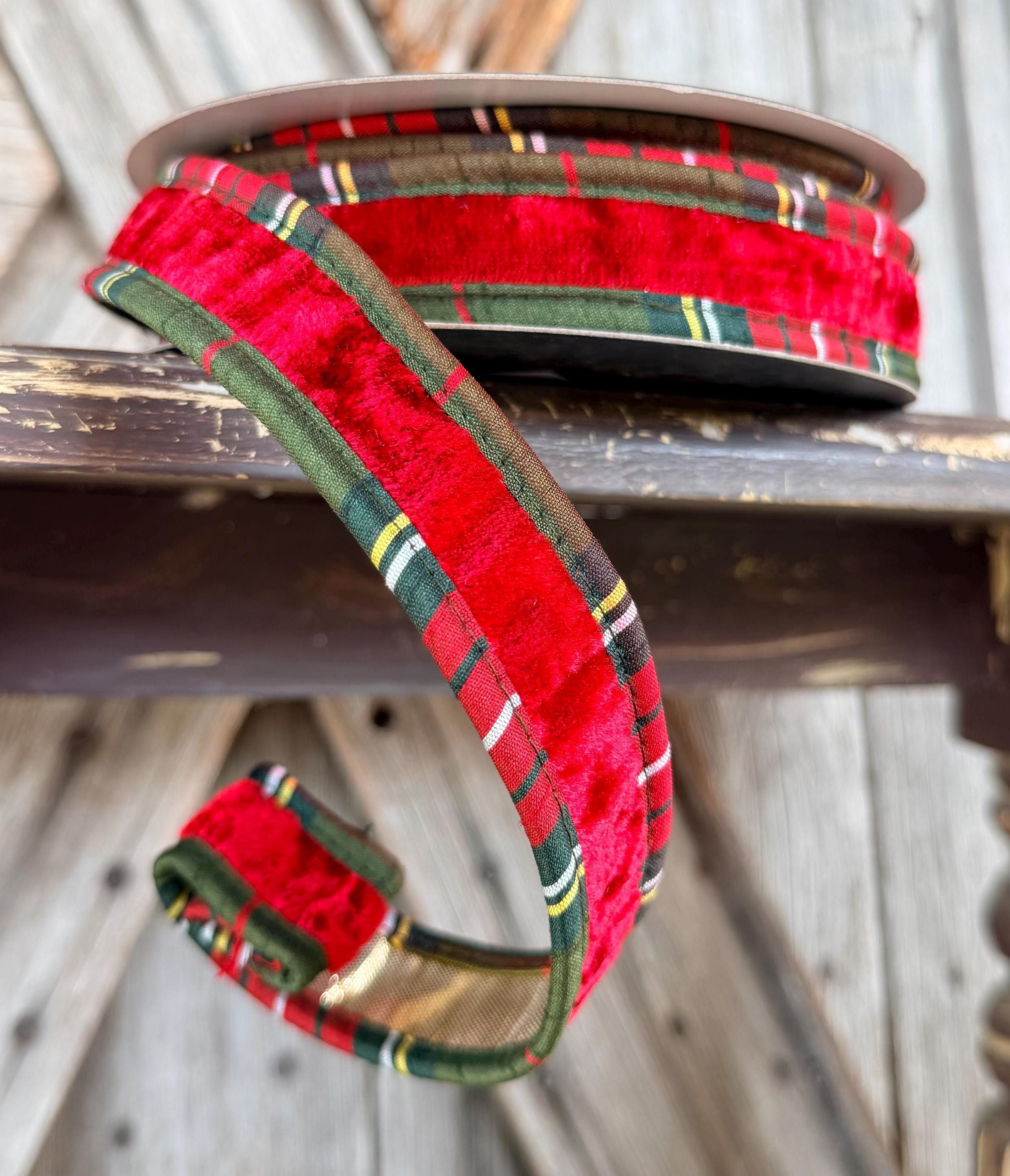 Red Velvet Plaid Edge John Mark Wired Ribbon 1 Inch