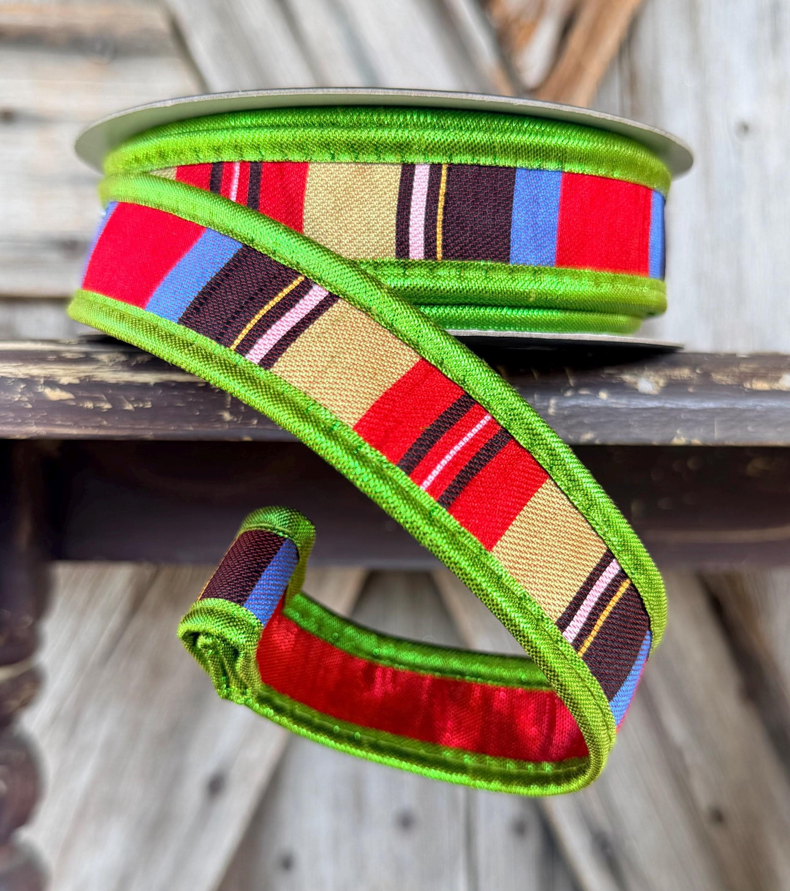 Red Green Metallic Plaid John Mark Wired Ribbon 1 Inch
