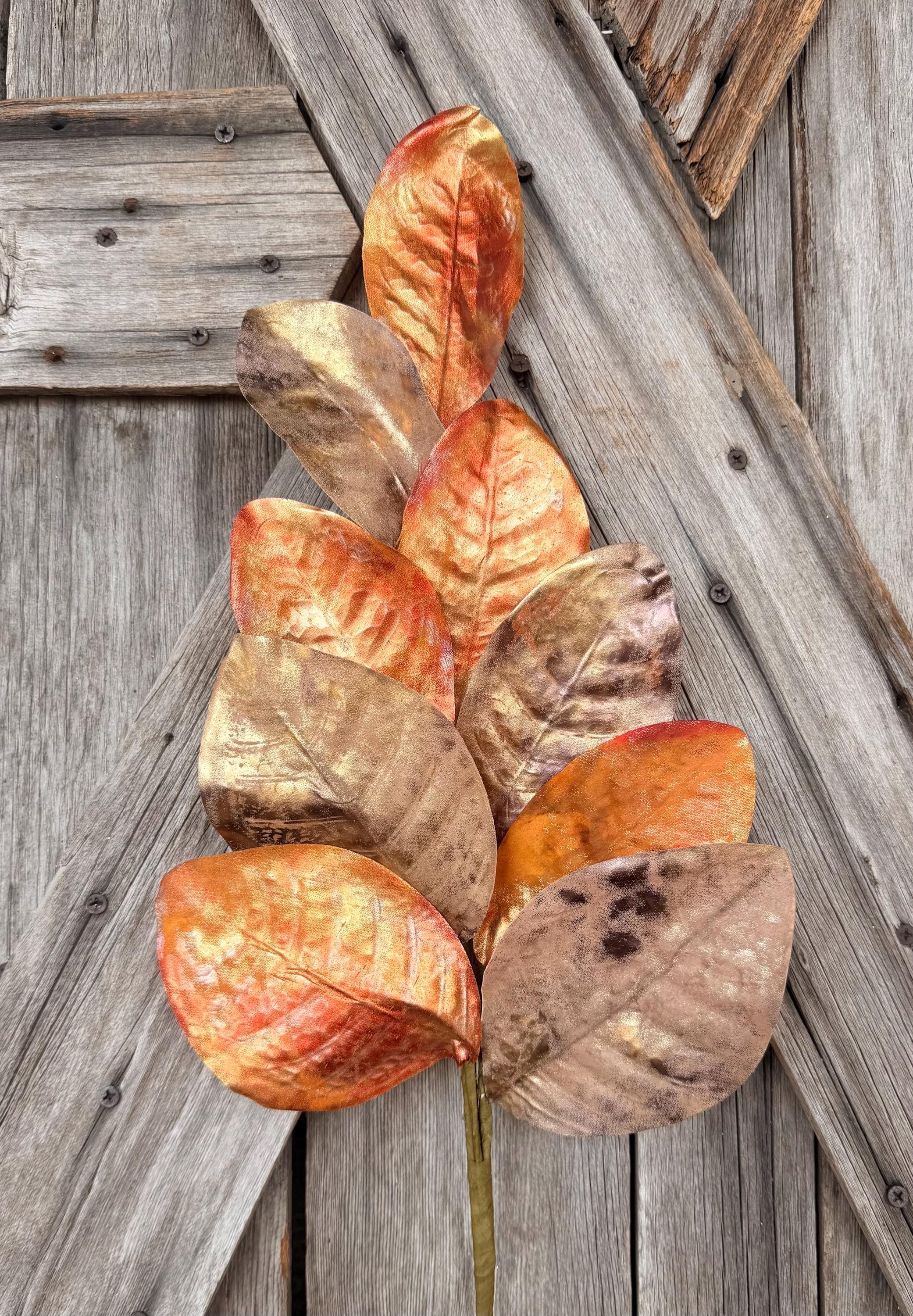 Metallic Copper Autumn Orange Magnolia Leaf Spray , Wreath Supply, Floral