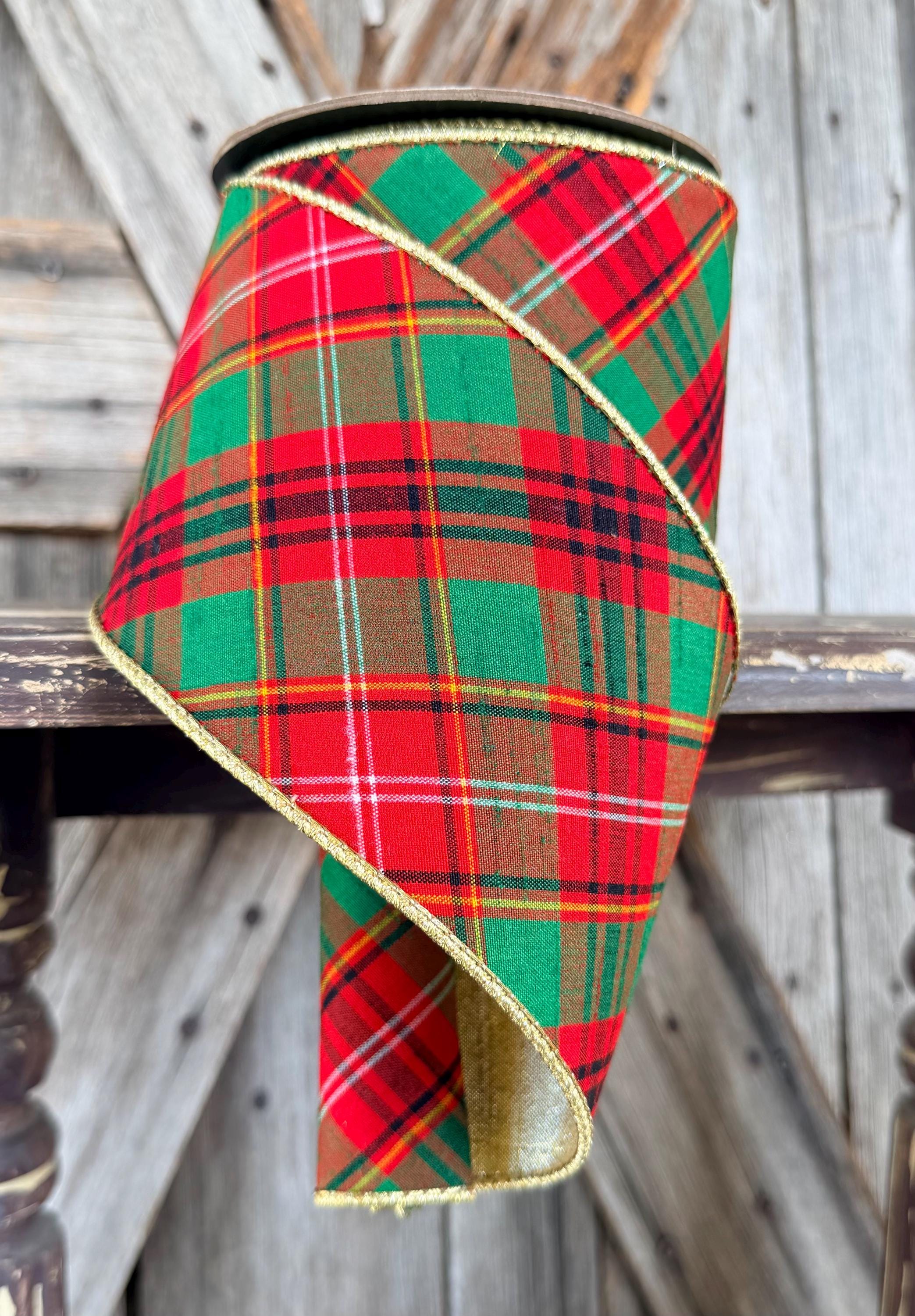 Red Green White Black Plaid D Stevens Wired Ribbon 4 Inch
