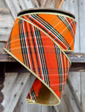 Orange White Black Plaid D Stevens Wired Ribon, 2.5 Inch