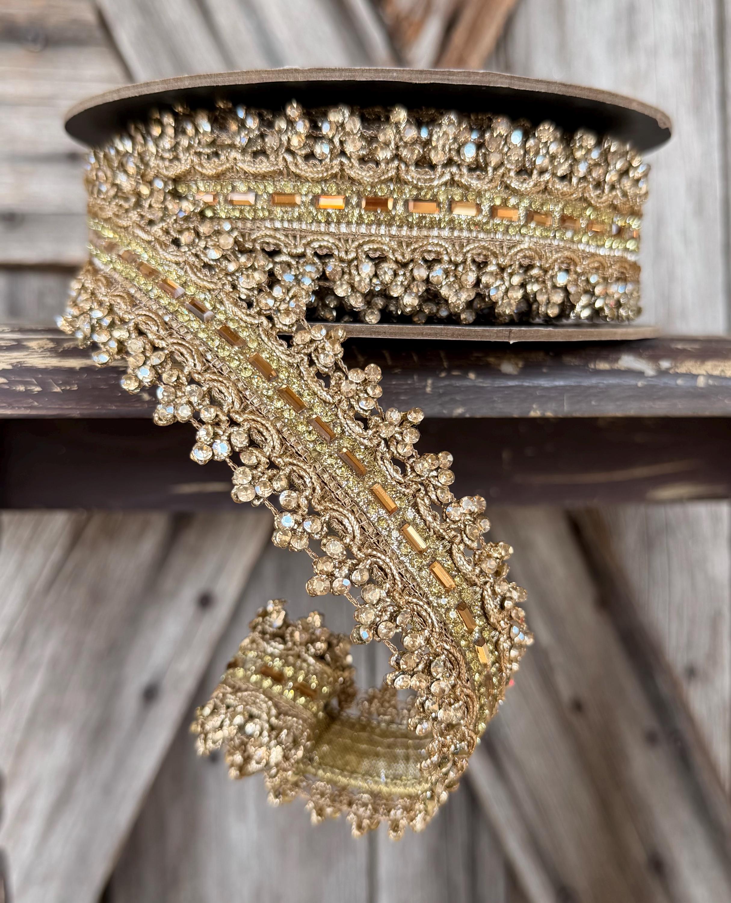 Gold Metallic Jewel Center D Stevens Wired Ribbon 2.5 Inch