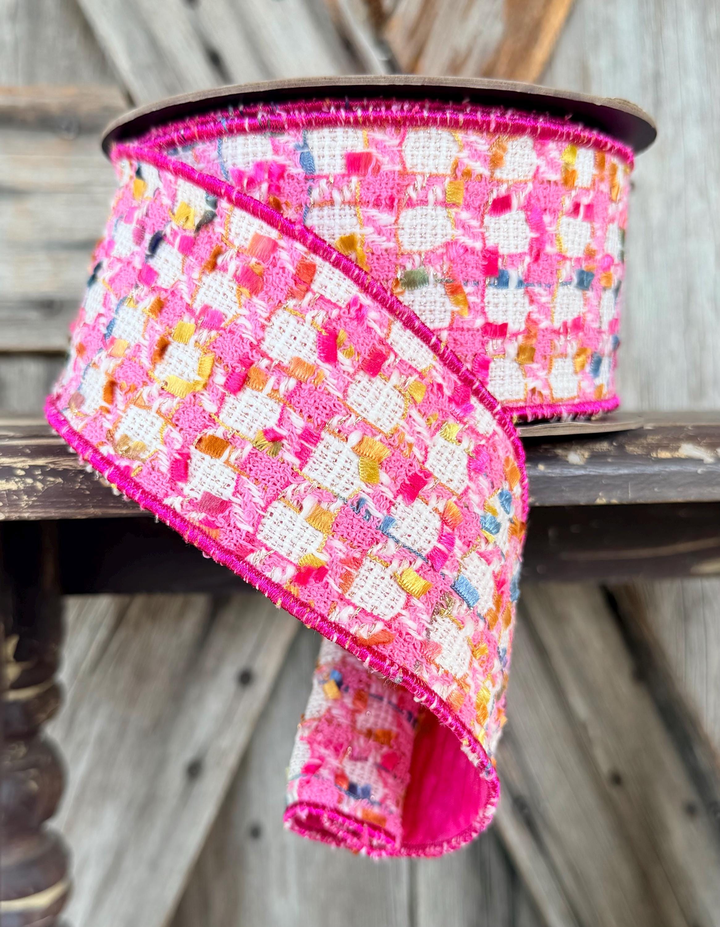 Pink Gold White Textured Check D Stevens Wired Ribbon 2.5 Inch