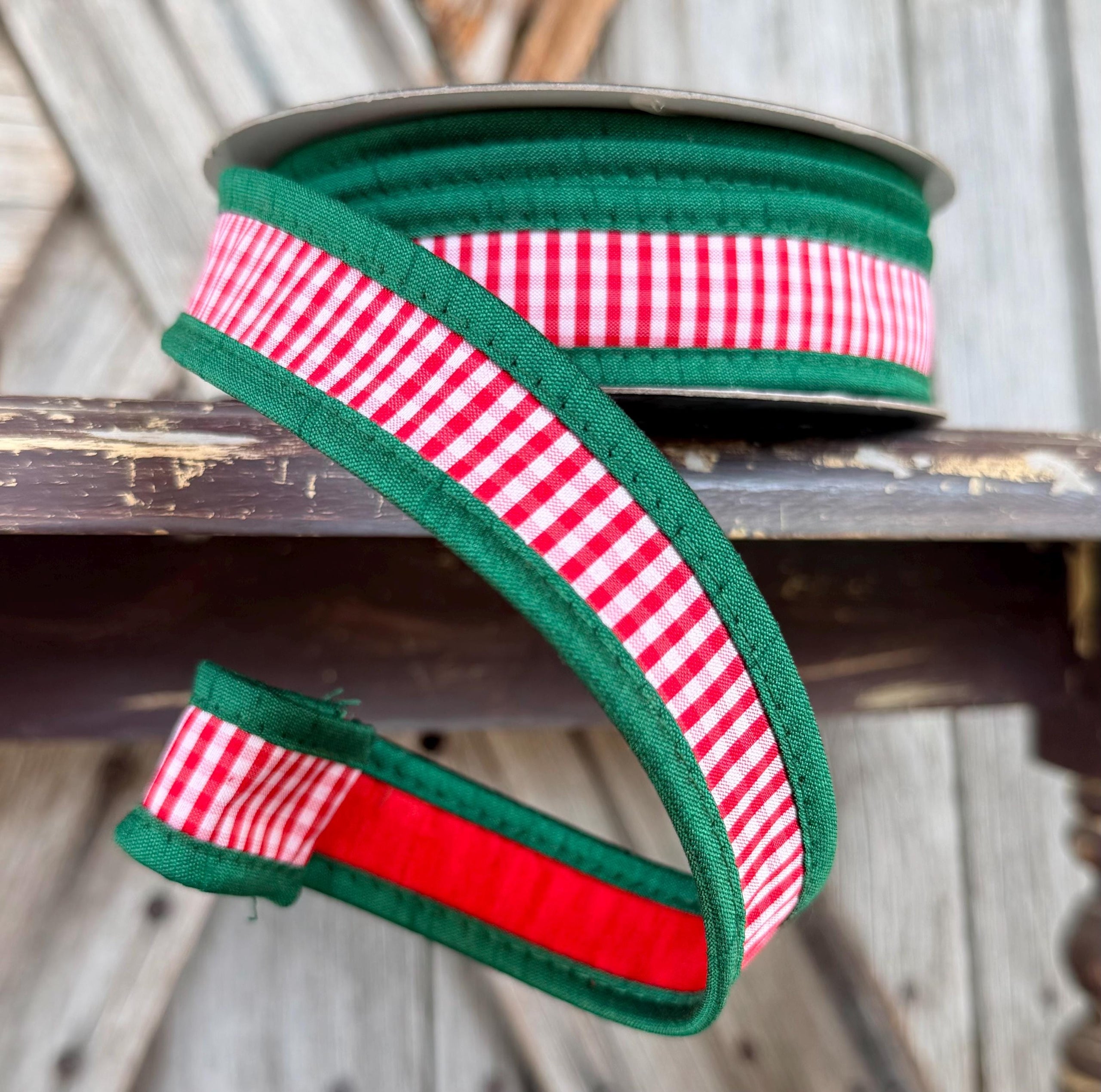 Red Emerald White Check John Mark Wired Ribbon 1 Inch