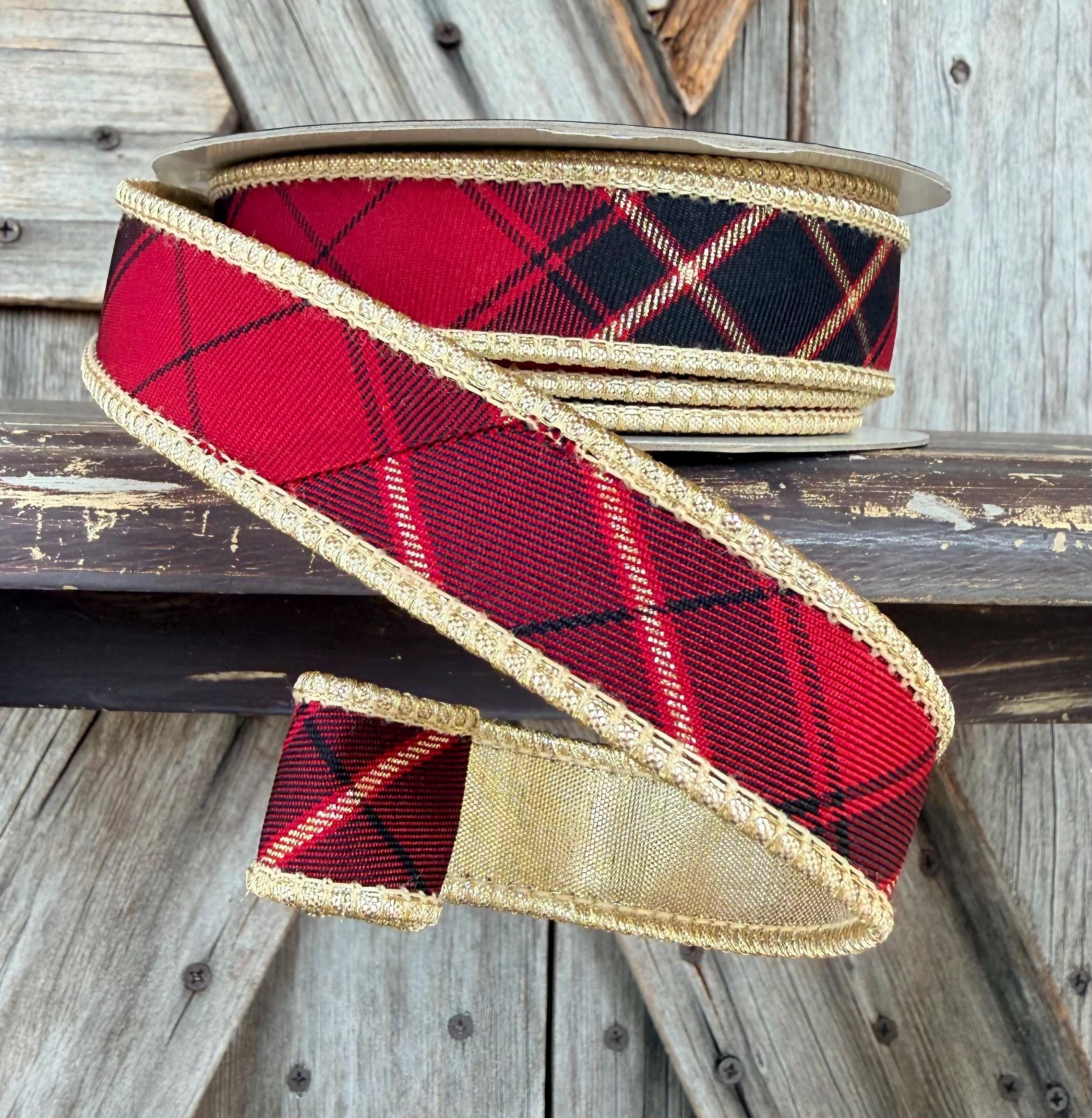 Burgundy Plaid Metallic Gold John Mark Wired Ribbon 1 Inch