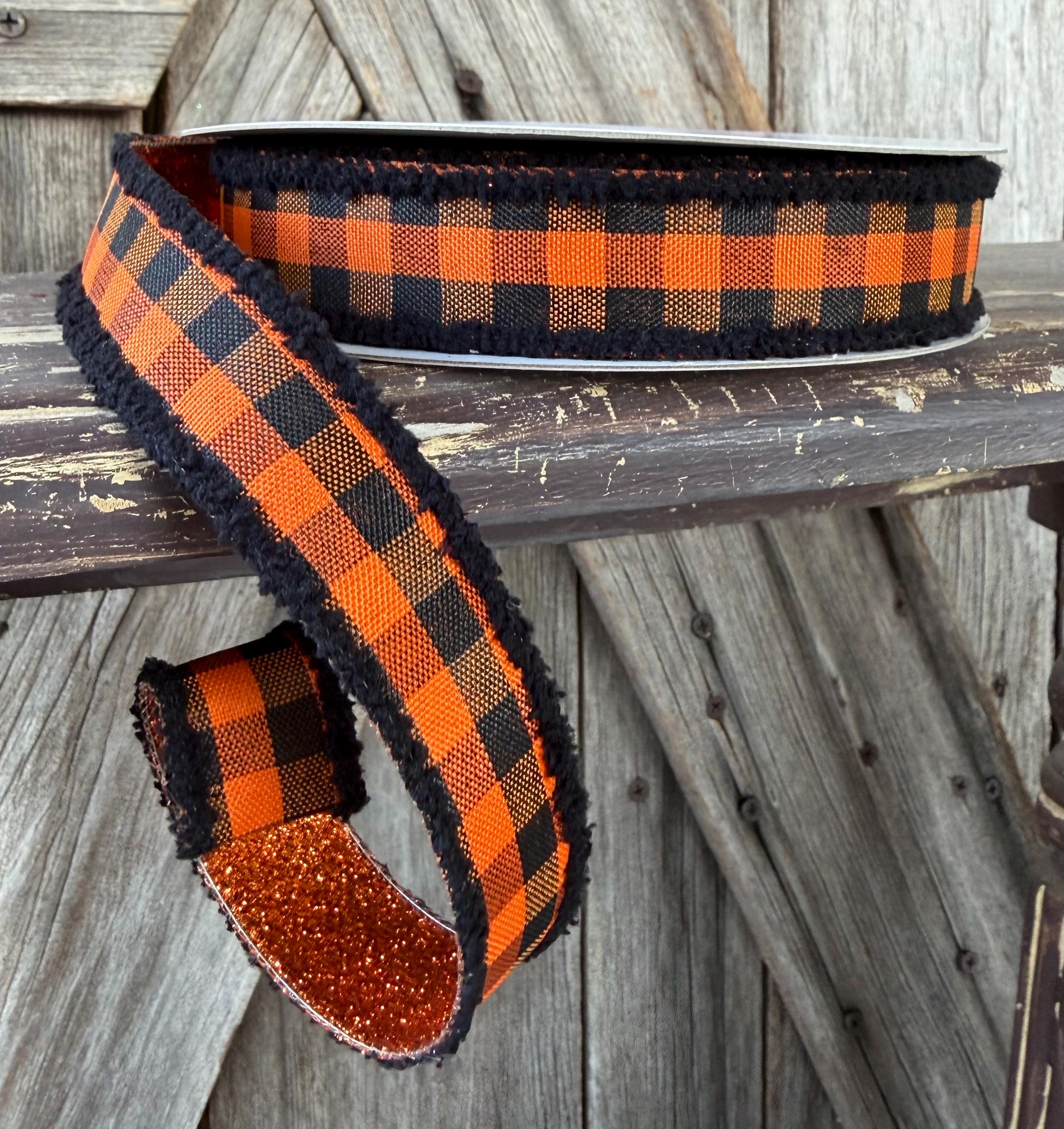 Orange Black Check with Glitter Back Wired Ribbon 1 Inch