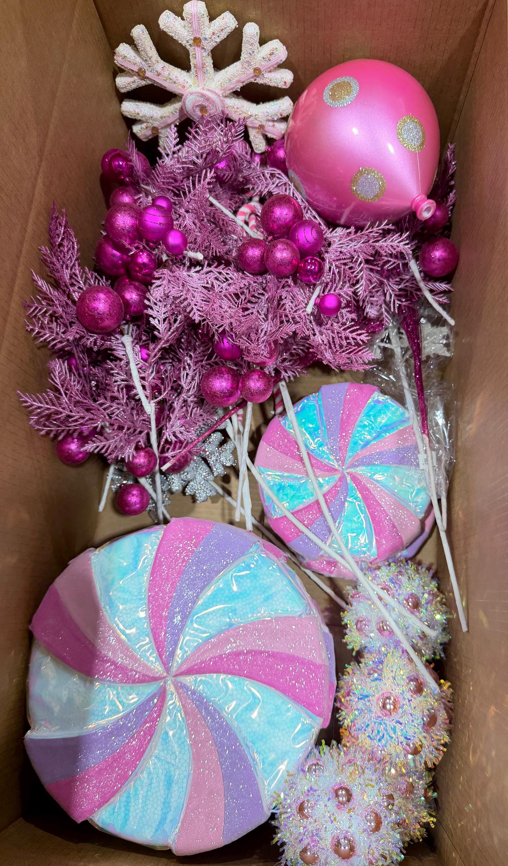 Huge Box of Purple Pink Sprays Ornaments Lollipops Box~ Warehouse Sale