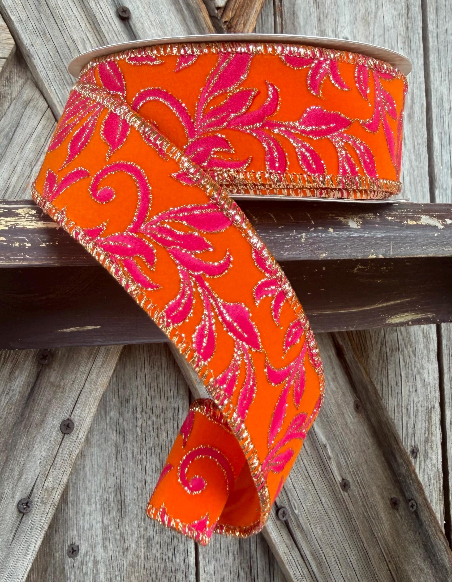 Orange Hot Pink Gold Vine Wired Ribbon 1.5 Inch