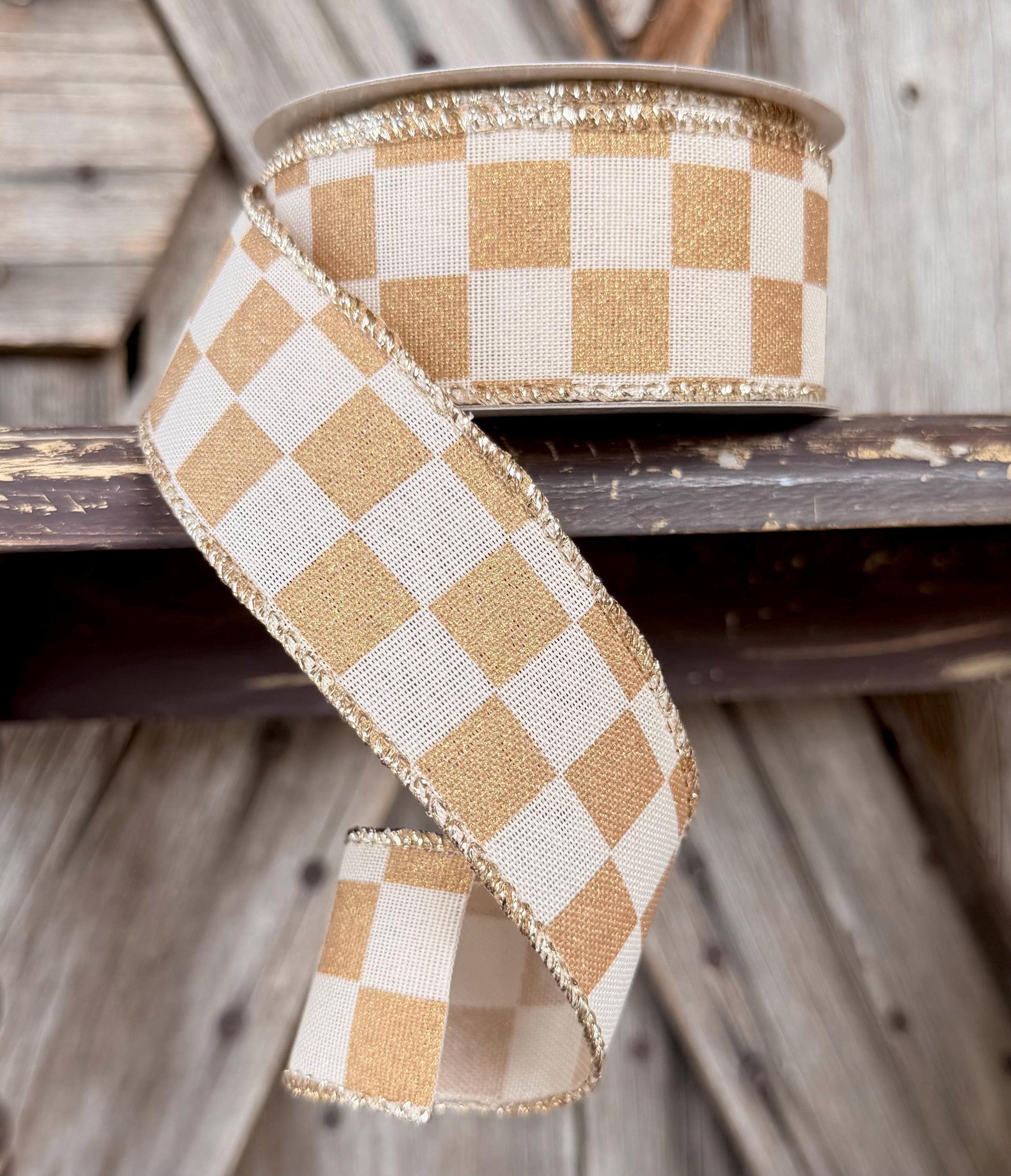 Gold Cream Check Wired Ribbon 1.5 Inch