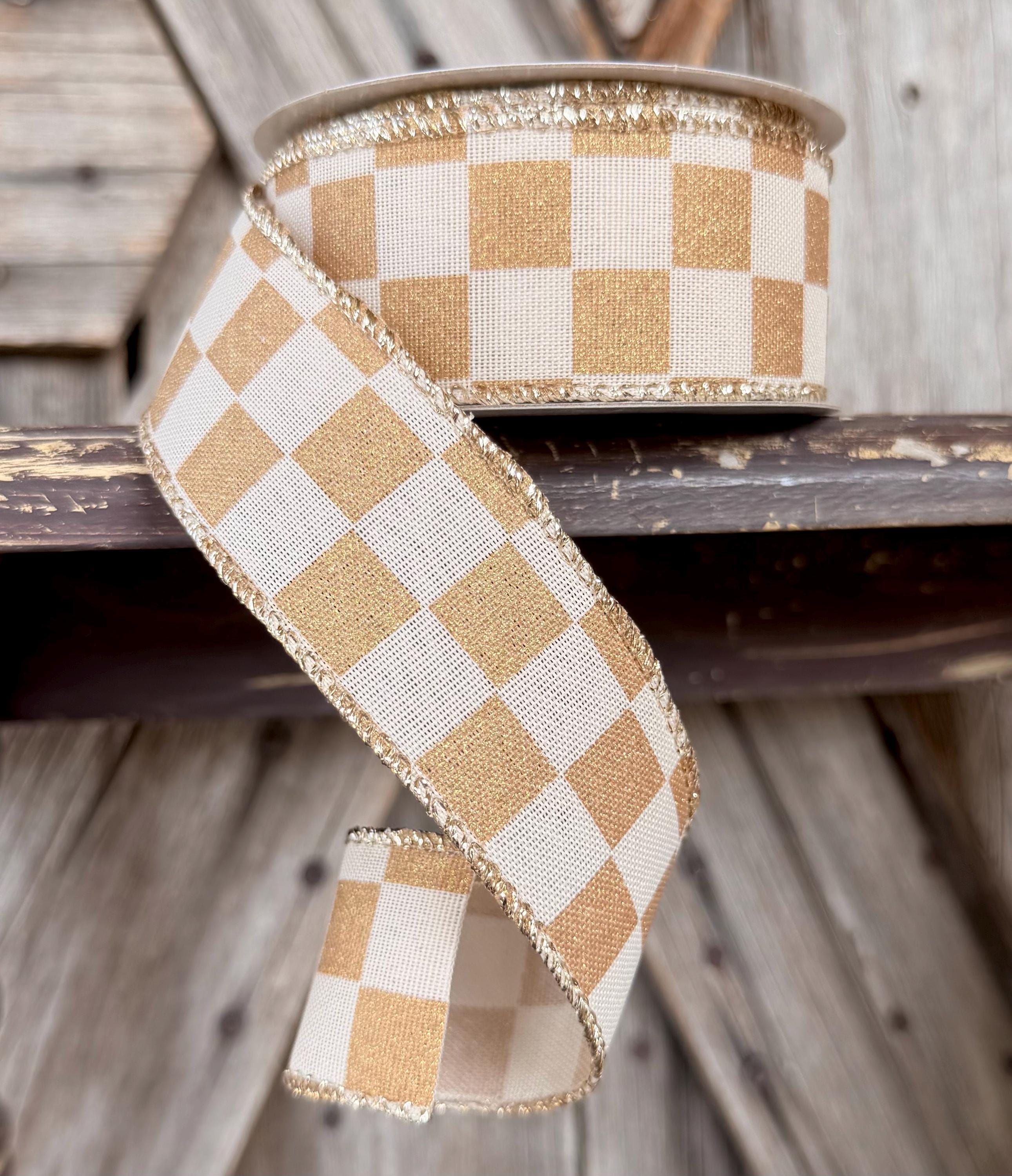 Gold Cream Check Wired Ribbon 1.5 Inch