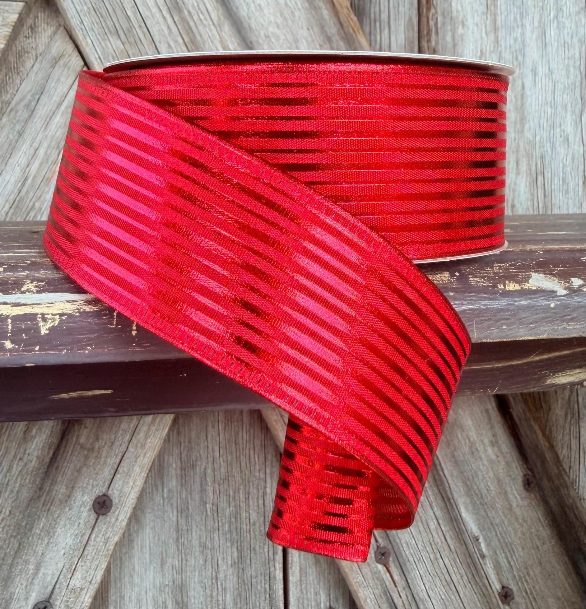Red Metallic Stripe Wired Ribbon 1.5 Inch