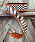 Black White with Orange Trim Two Side Check and Glitter Wired Ribbon 1 Inch