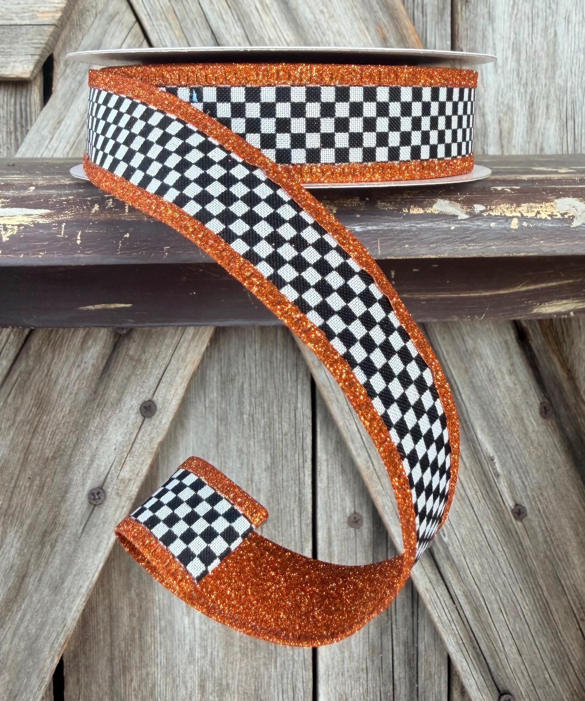 Black White with Orange Trim Two Side Check and Glitter Wired Ribbon 1 Inch