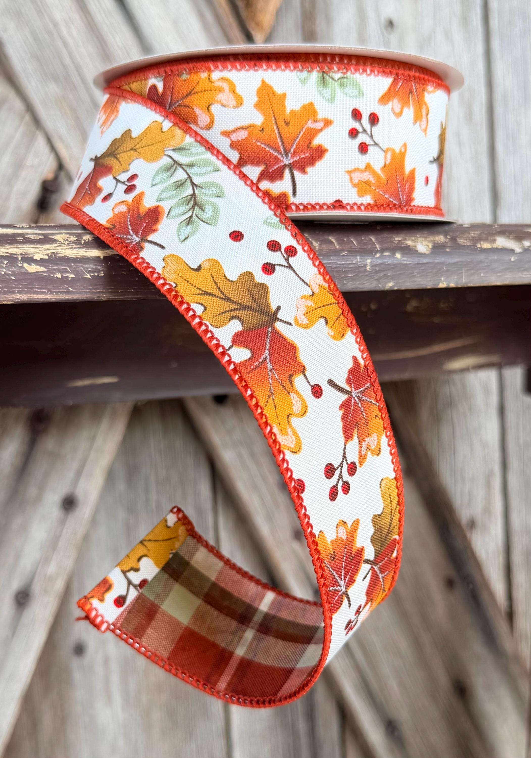 Leaves and Plaid Two Side Deluxe Wired Ribbon 1.5 Inch