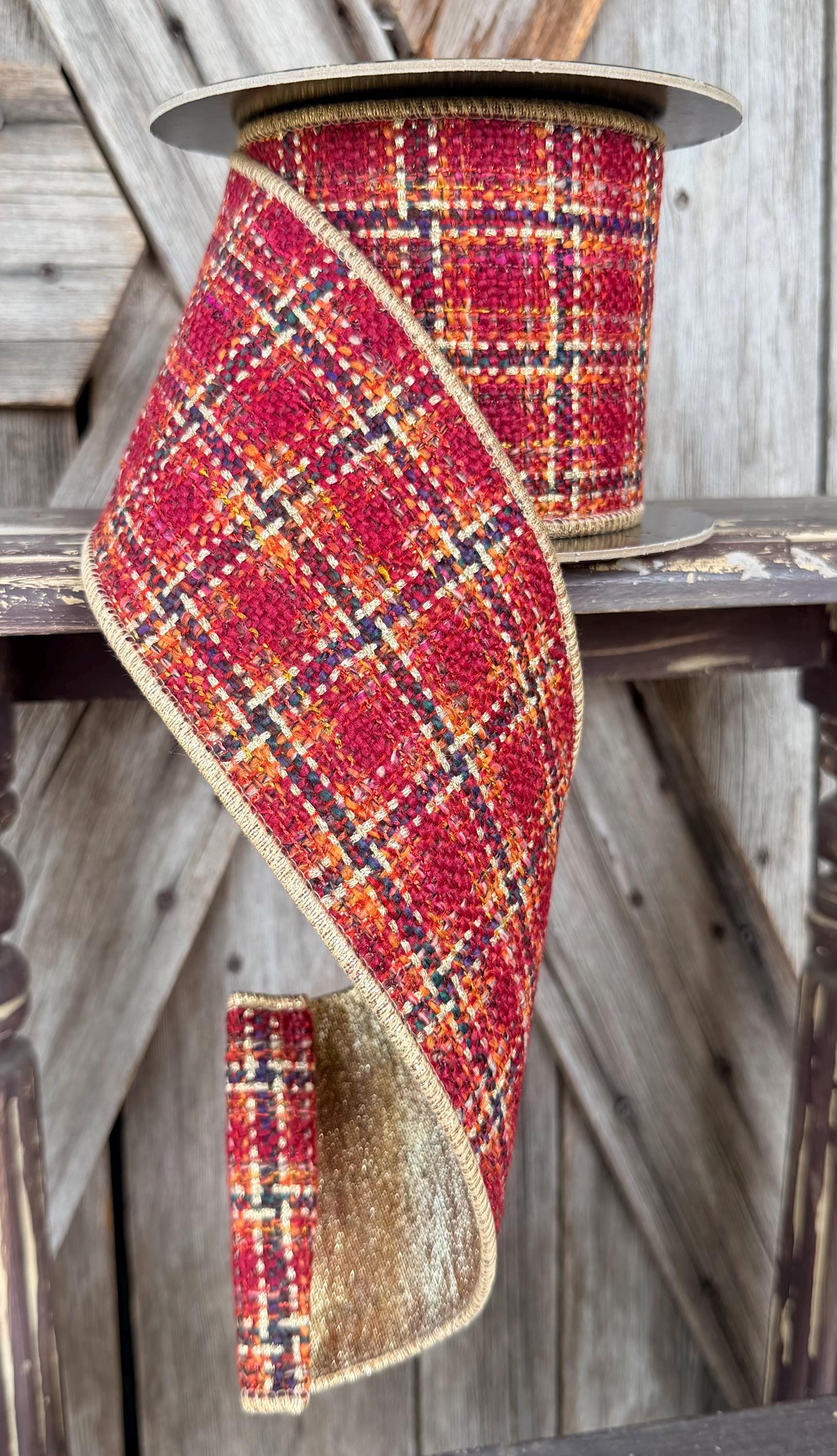 Rust Moss Tweed Deluxe Wired Ribbon 4 Inch