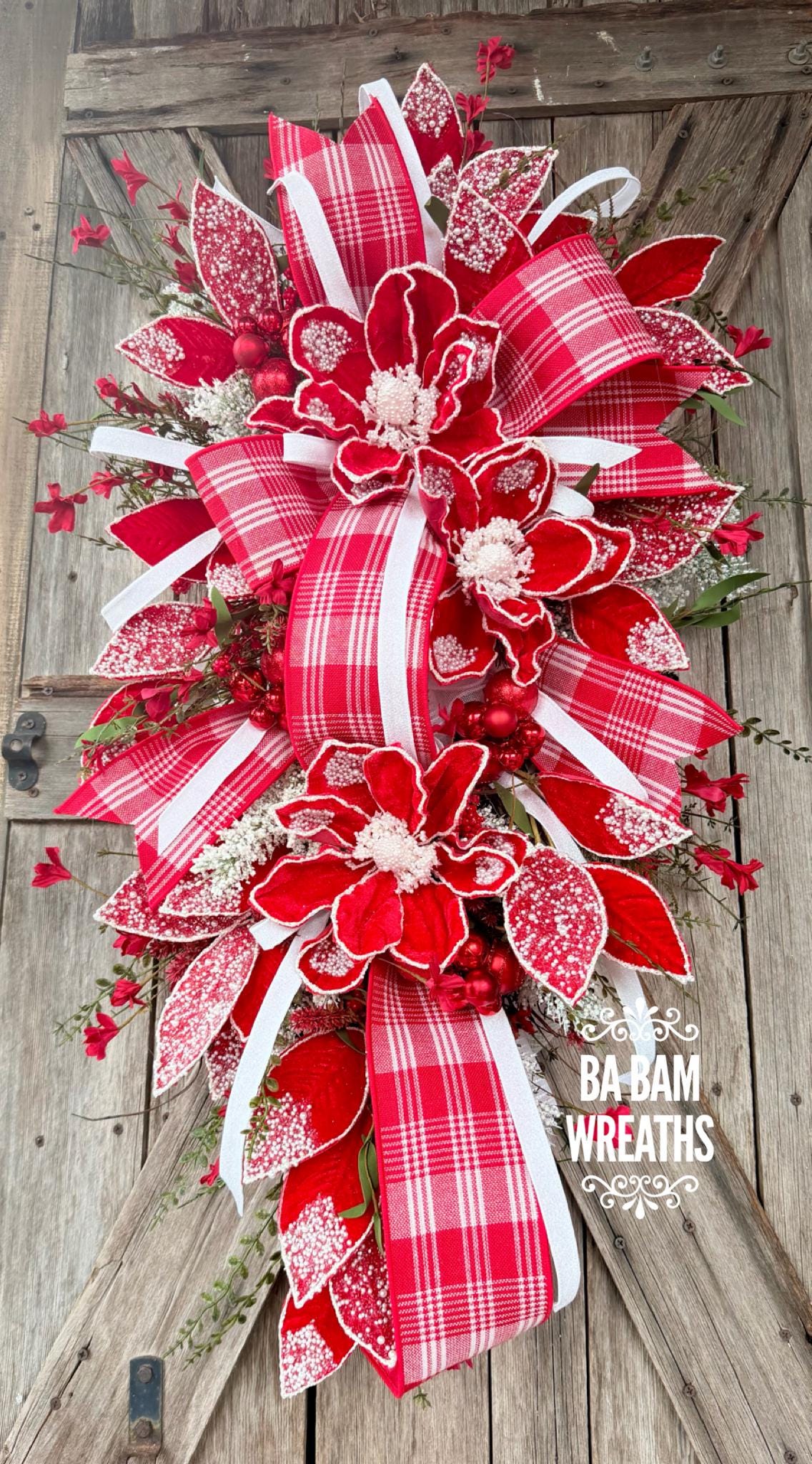 Red White Christmas Decor, Farmhouse Christmas, Christmas Swag, Christmas Wreath, Christmas Door Hanging, Holiday Swag