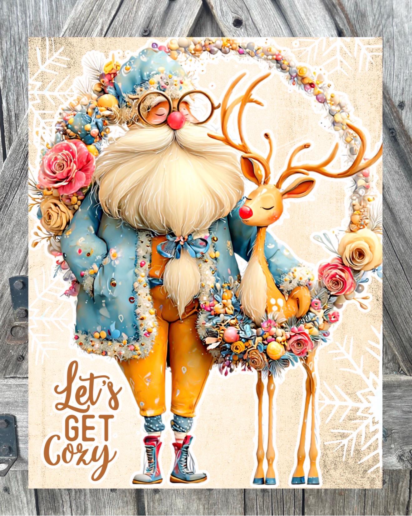 Let’s Get Cozy Santa Reindeer, Christmas Sign, Christmas Decor, Christmas Wall Art