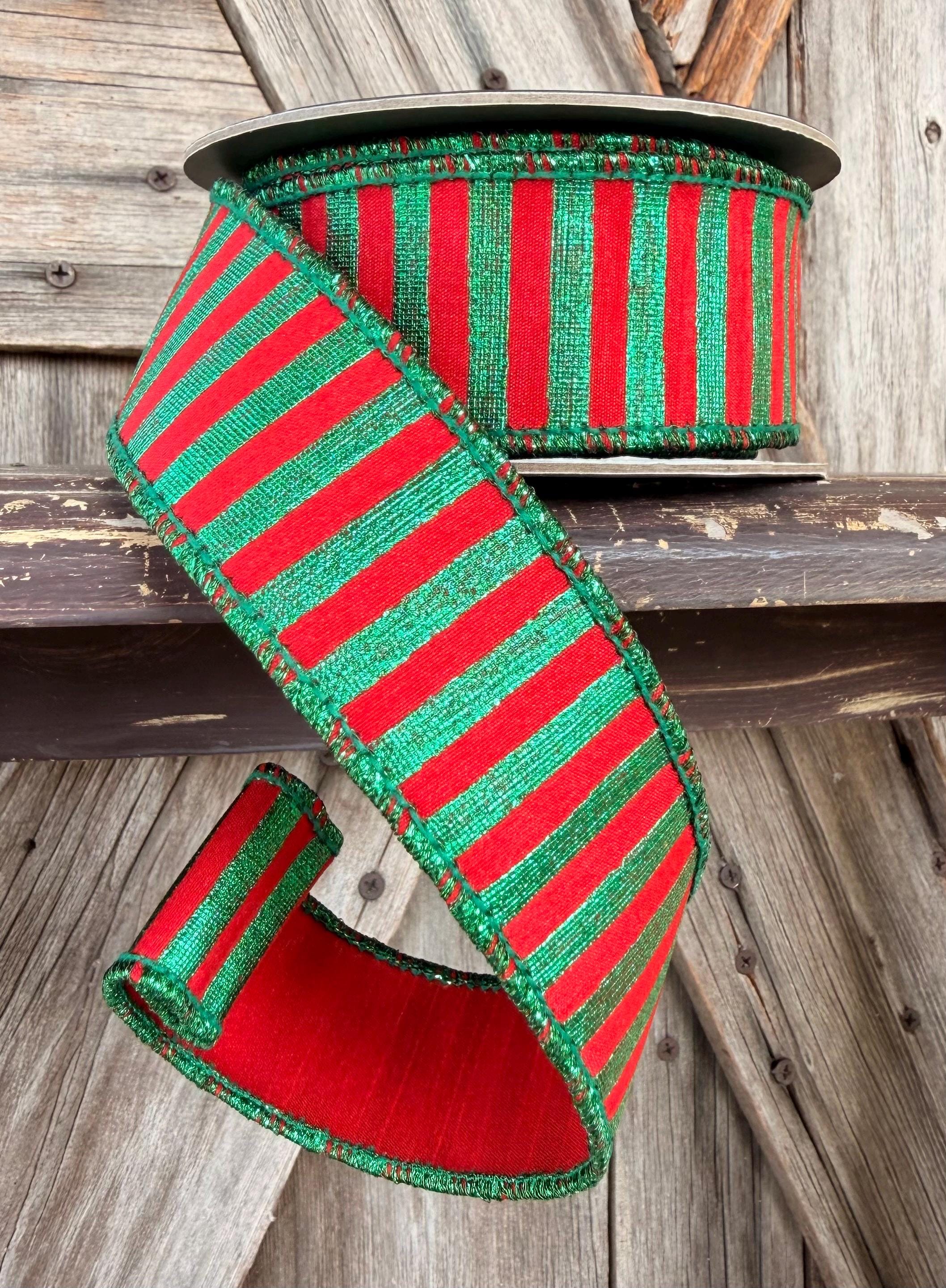 Red Green Metallic Stripe Wired Ribbon 1.5 Inch